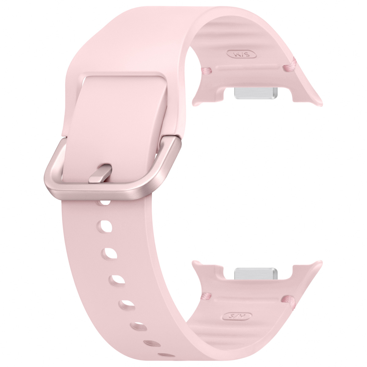 Una correa de reloj rosa con hebilla plateada. La correa es curva y tiene un diseño liso.