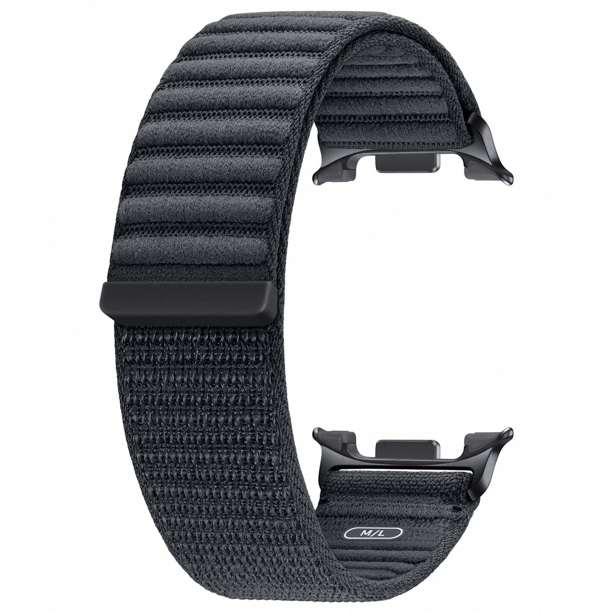Correa negra para Apple Watch con superficie texturizada y cierre magnético. El diseño es curvo y ergonómico.