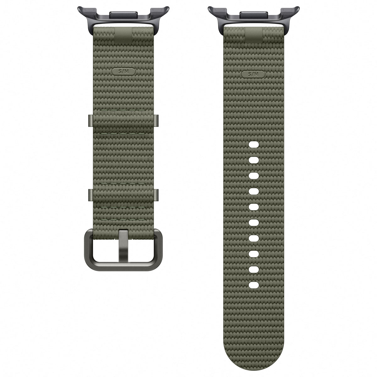 Dos correas verde oliva para reloj, una con hebilla y otra con lazo. Ambas tienen superficie texturizada y herrajes negros.