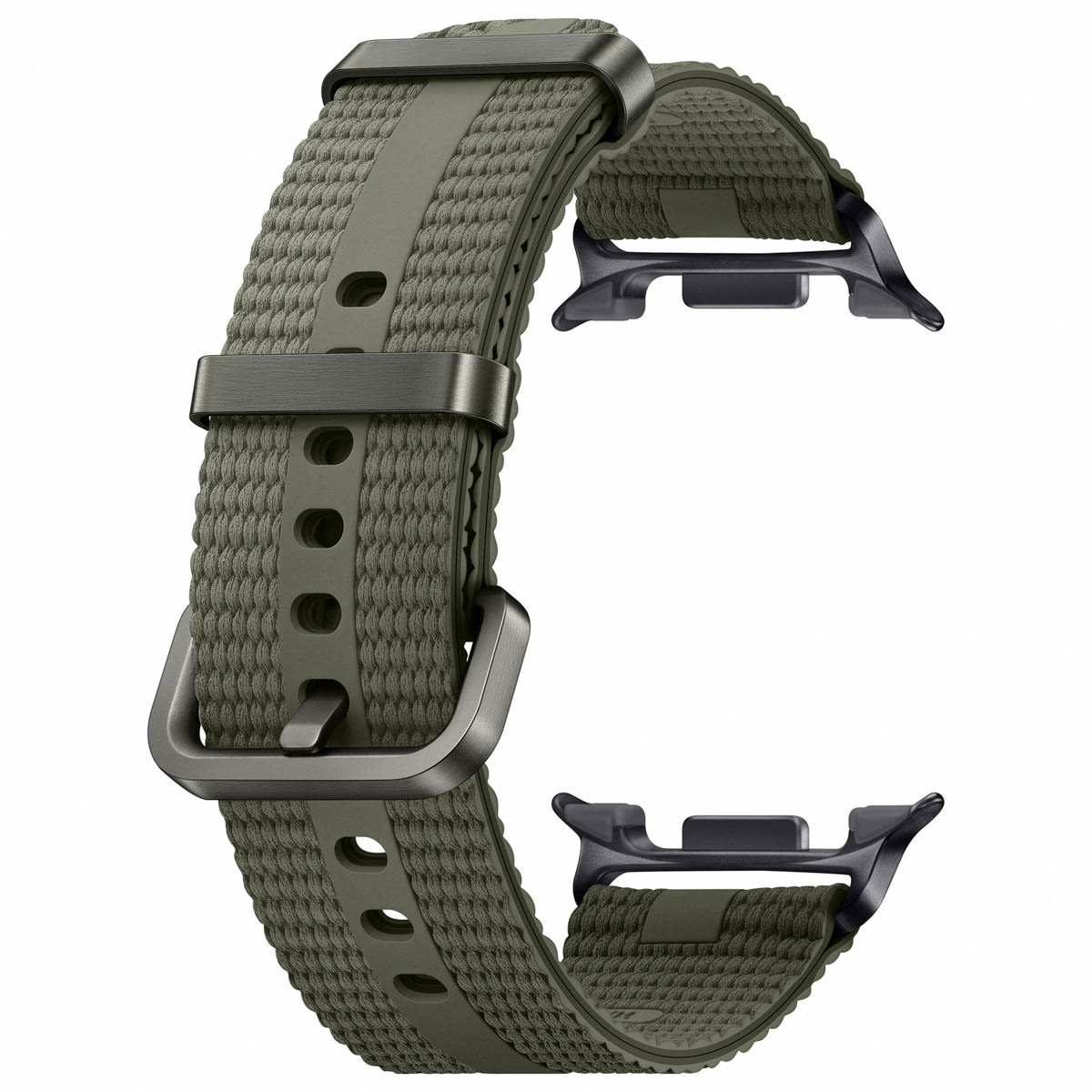 Correa verde oscuro para Apple Watch, curvada. Tiene superficie texturizada con hebilla y conectores oscuros. Diseño ergonómico.
