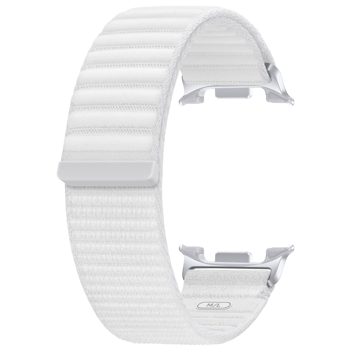 Biały pasek do Apple Watch, zakrzywiony. Posiada teksturowaną powierzchnię i srebrne okucia. Pasek jest zakrzywiony i ergonomiczny.