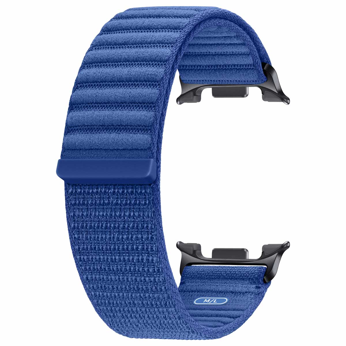 Correa azul para Apple Watch, curvada. Presenta superficie texturizada y herrajes negros. El diseño es ergonómico.