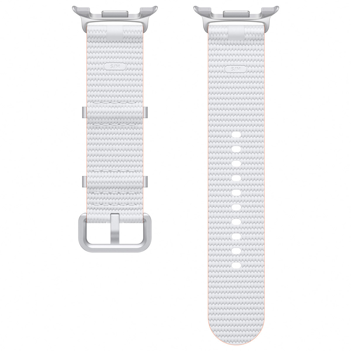 Correa blanca para Apple Watch plana. Superficie texturizada y herrajes plateados con una franja blanca y rosa en el centro.