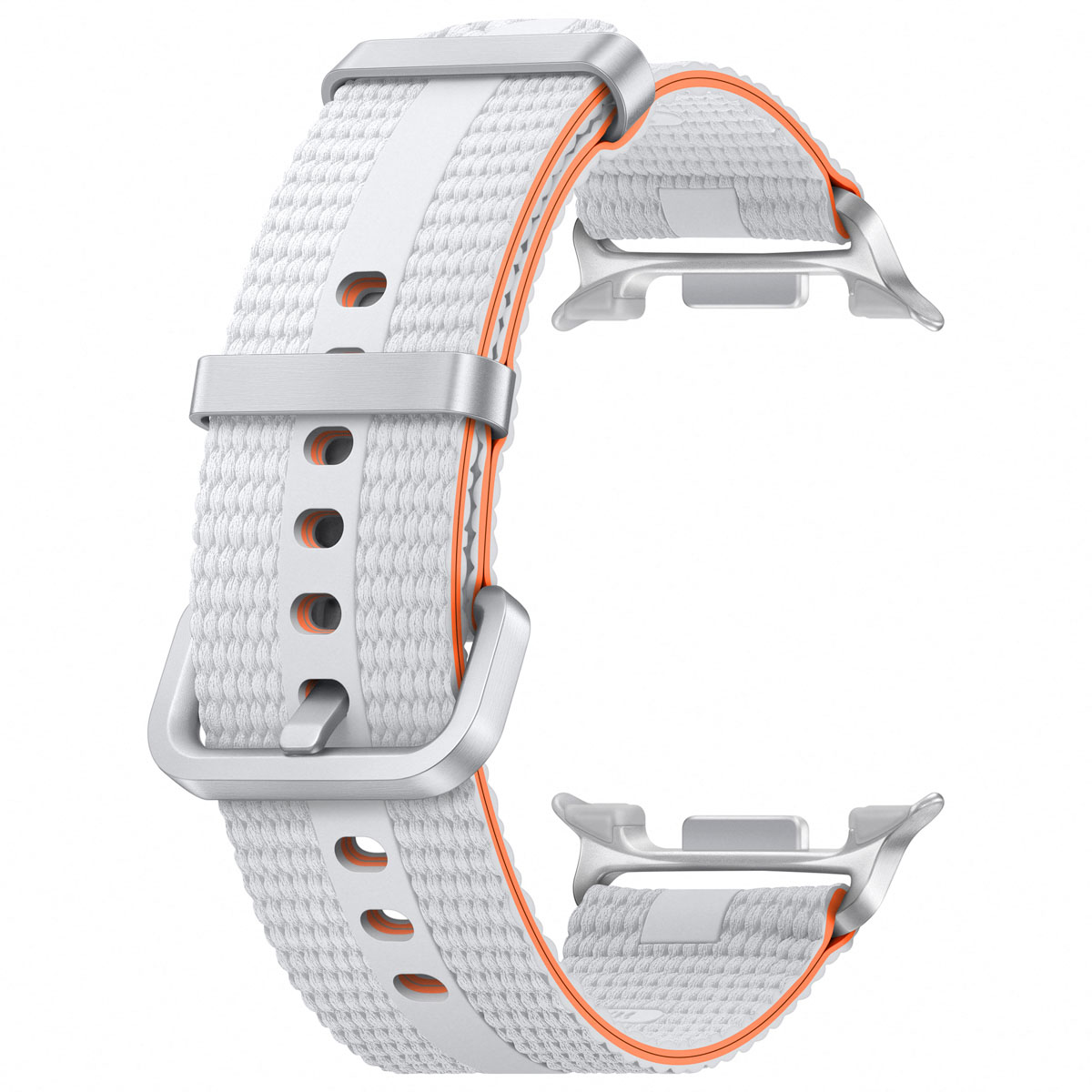 Correa blanca para Apple Watch, curvada. Superficie texturizada con borde naranja y herrajes plateados. Diseño ergonómico.