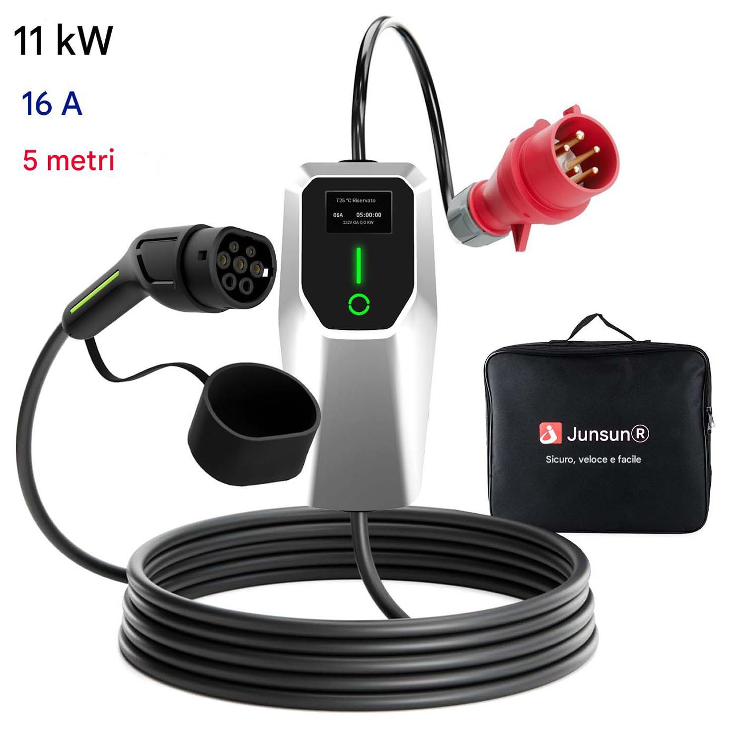 Un caricabatterie per veicoli elettrici con cavo nero e borsa nera, con spina nera e adattatore rosso.