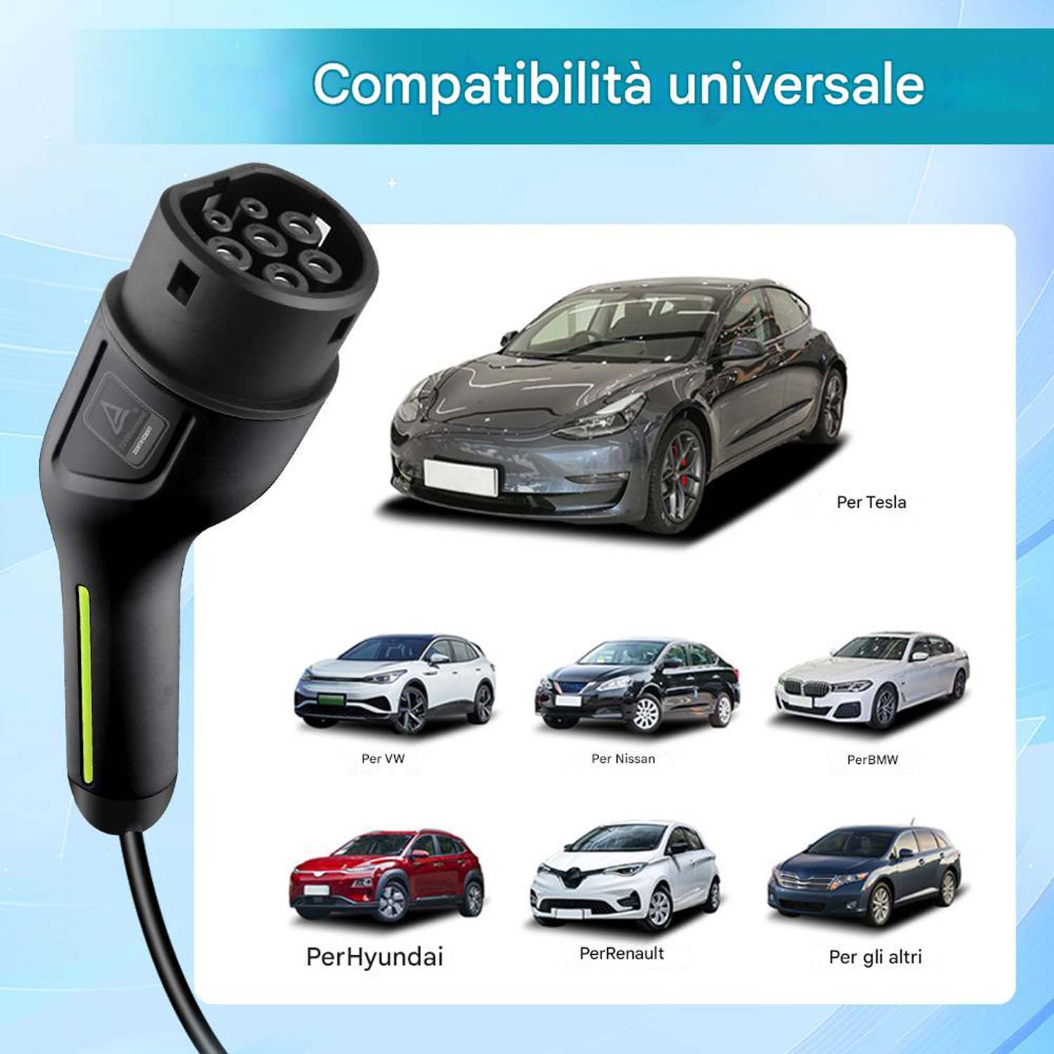 Una testina di ricarica per veicoli elettrici e l'immagine mostra la compatibilità con Tesla, VW, Nissan, BMW, Hyundai.
