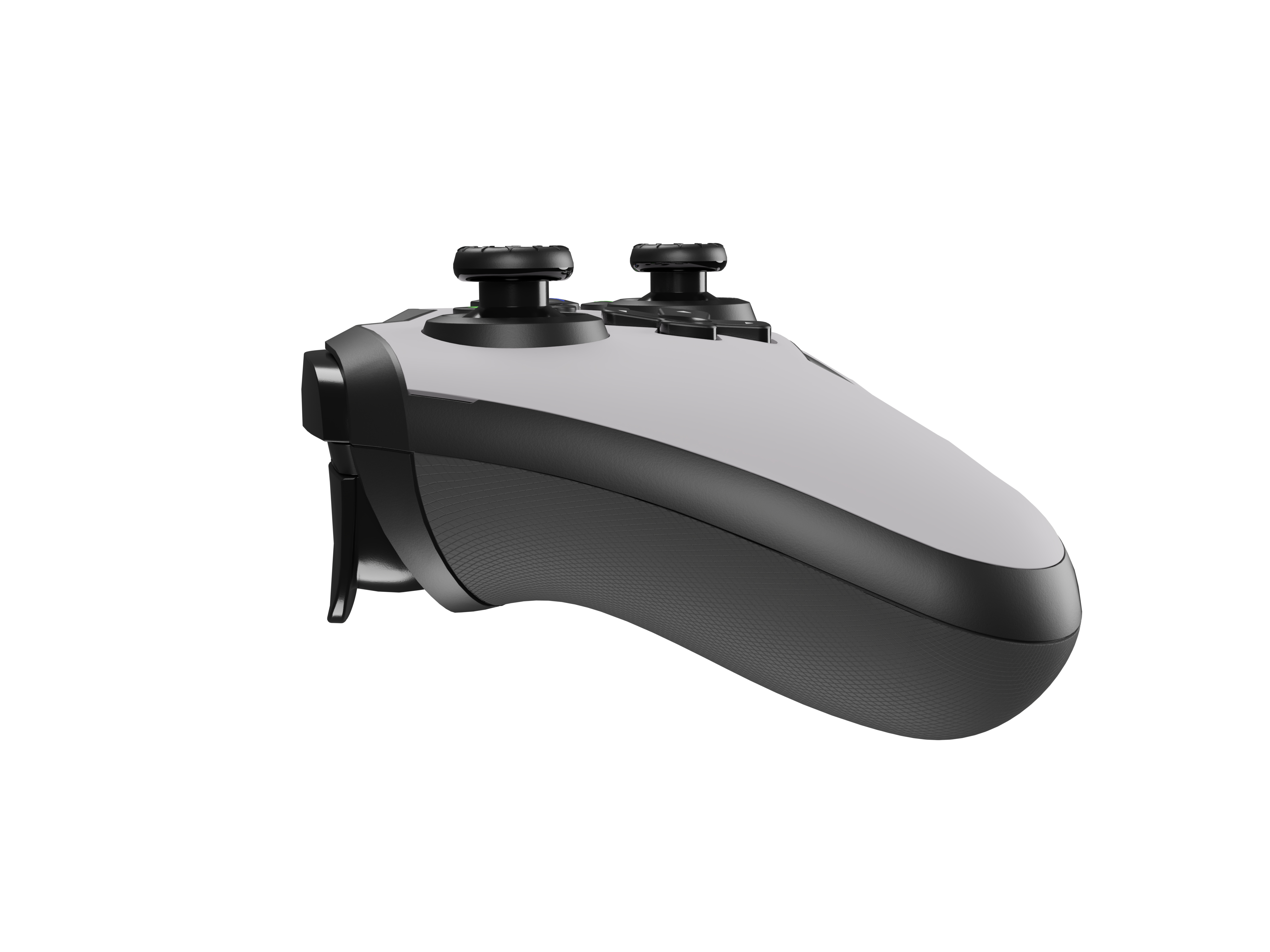 A gray and black game controller. It has two joysticks and multiple buttons. The background is white.