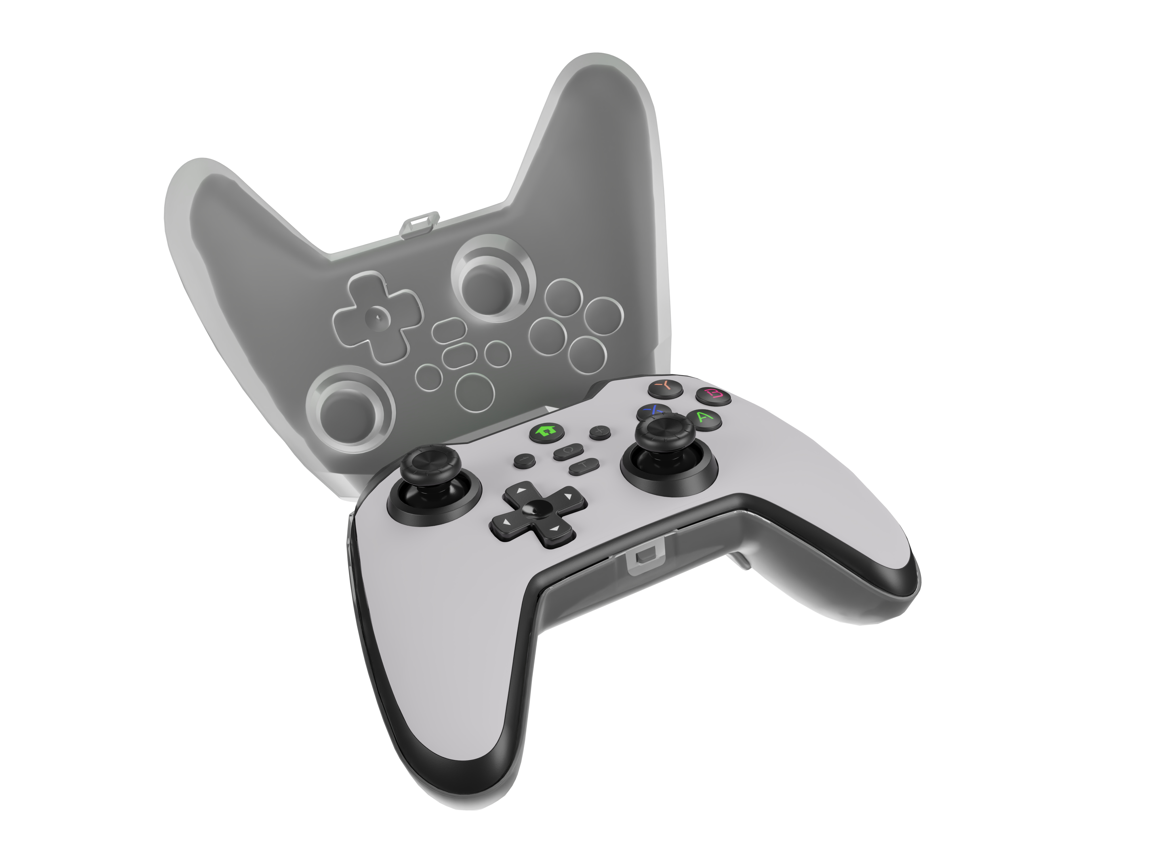 Gray game controller with a cover on top, showing buttons and joysticks, on a white background.