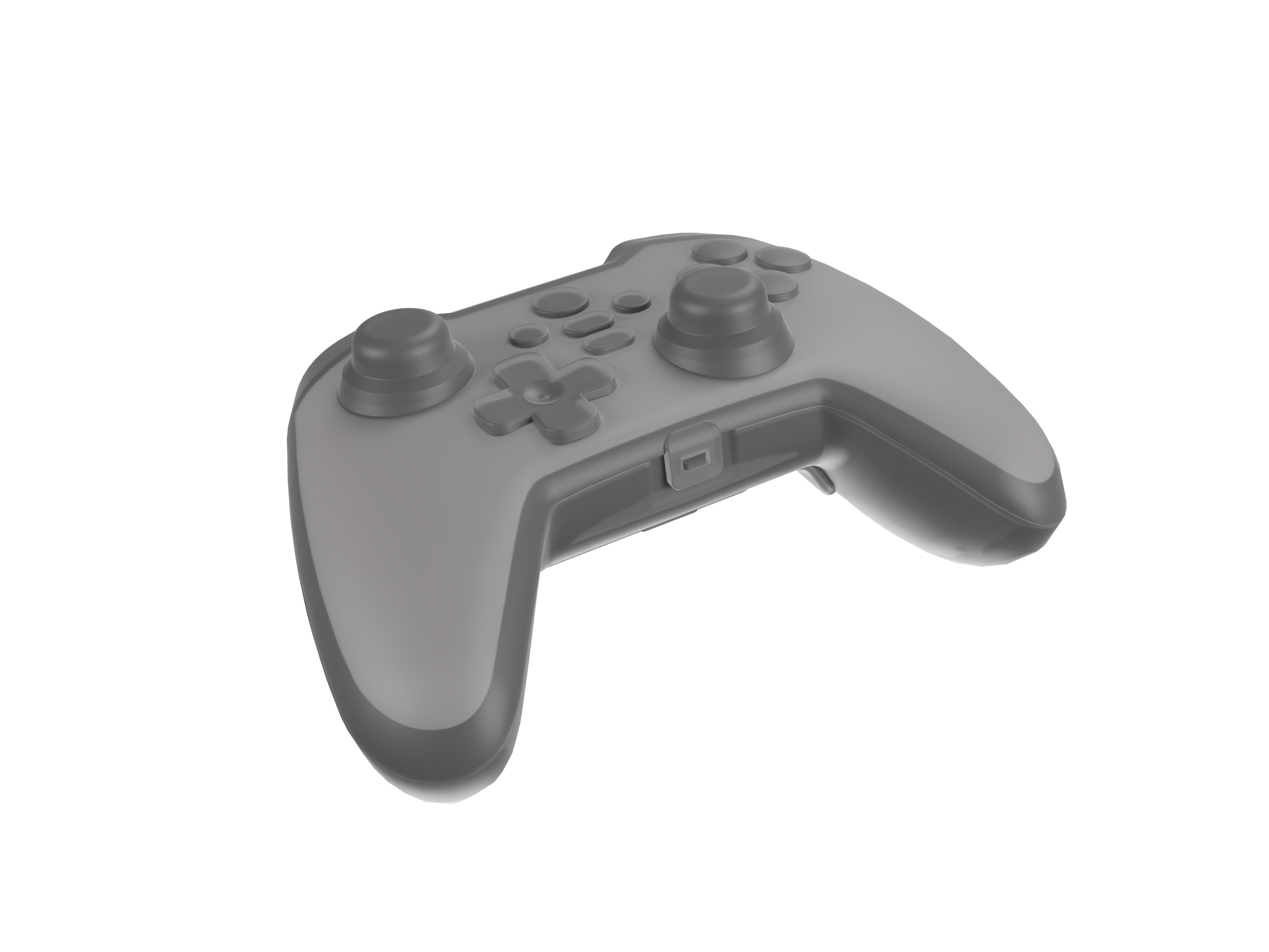 Gray game controller with a simple design, featuring buttons and joysticks, on a white background.