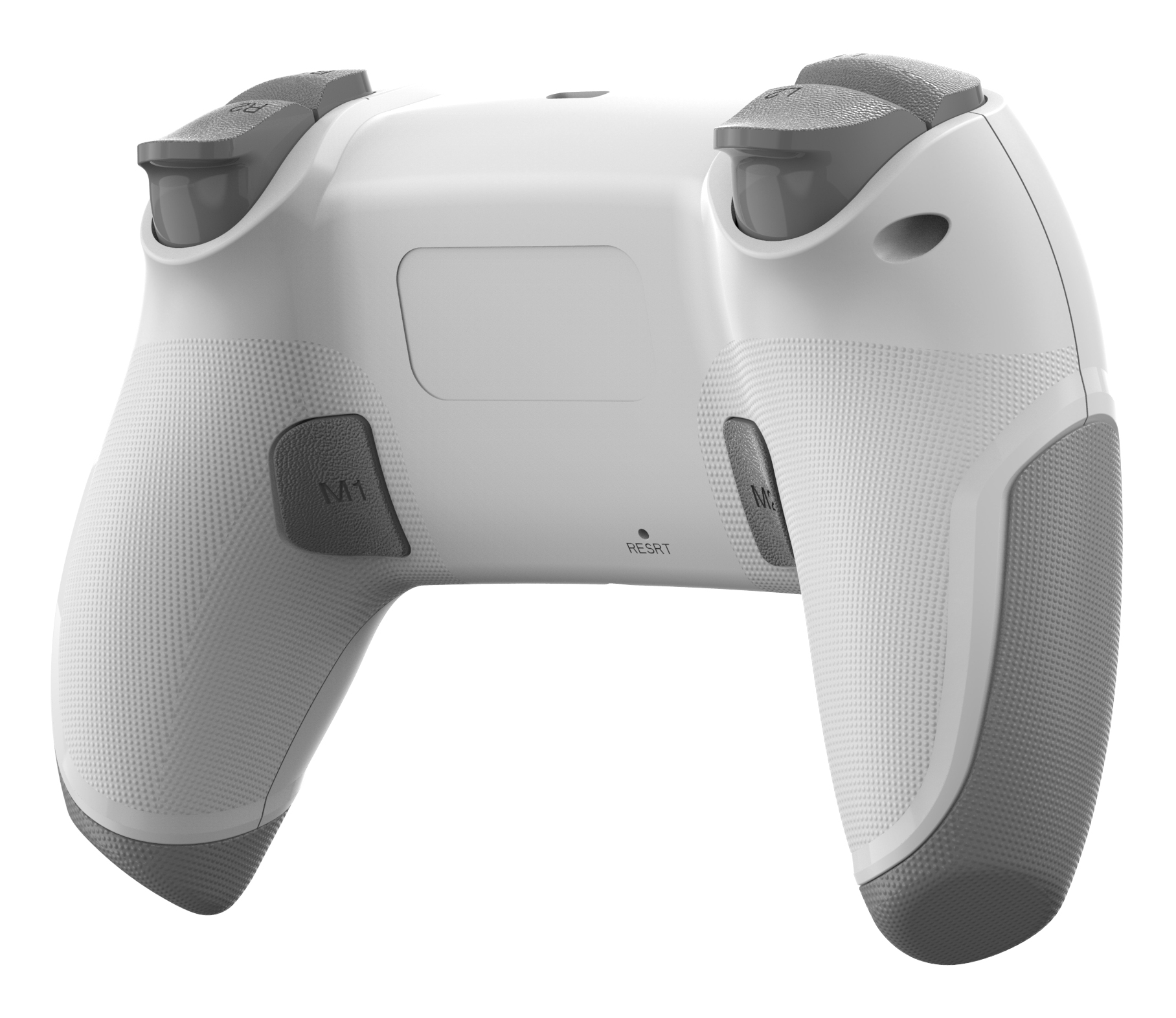 Retro di un controller di gioco bianco con accenti grigi, con pulsanti e un pulsante di ripristino.