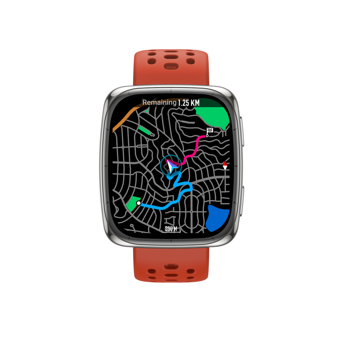 Smartwatch z czerwonym paskiem wyświetla mapę z trasą i metrykami, na czarnym tle.