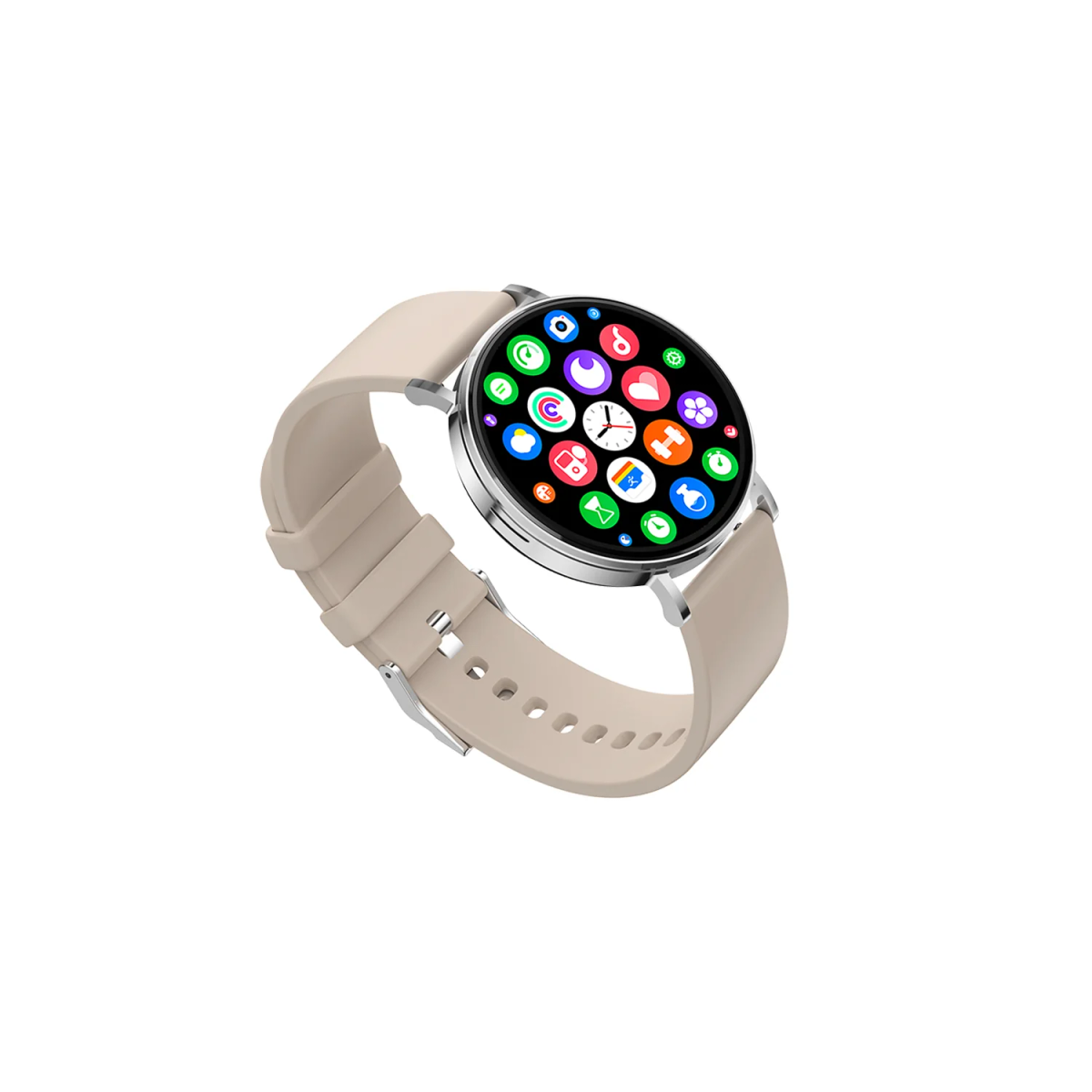 Uno smartwatch argentato con cinturino color crema mostra un'interfaccia circolare con icone colorate di app.