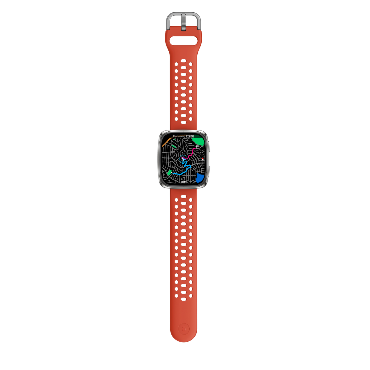 Smartwatch z czerwonym paskiem, wyświetlający interfejs mapy, widoczny od góry do dołu na czarnym tle.