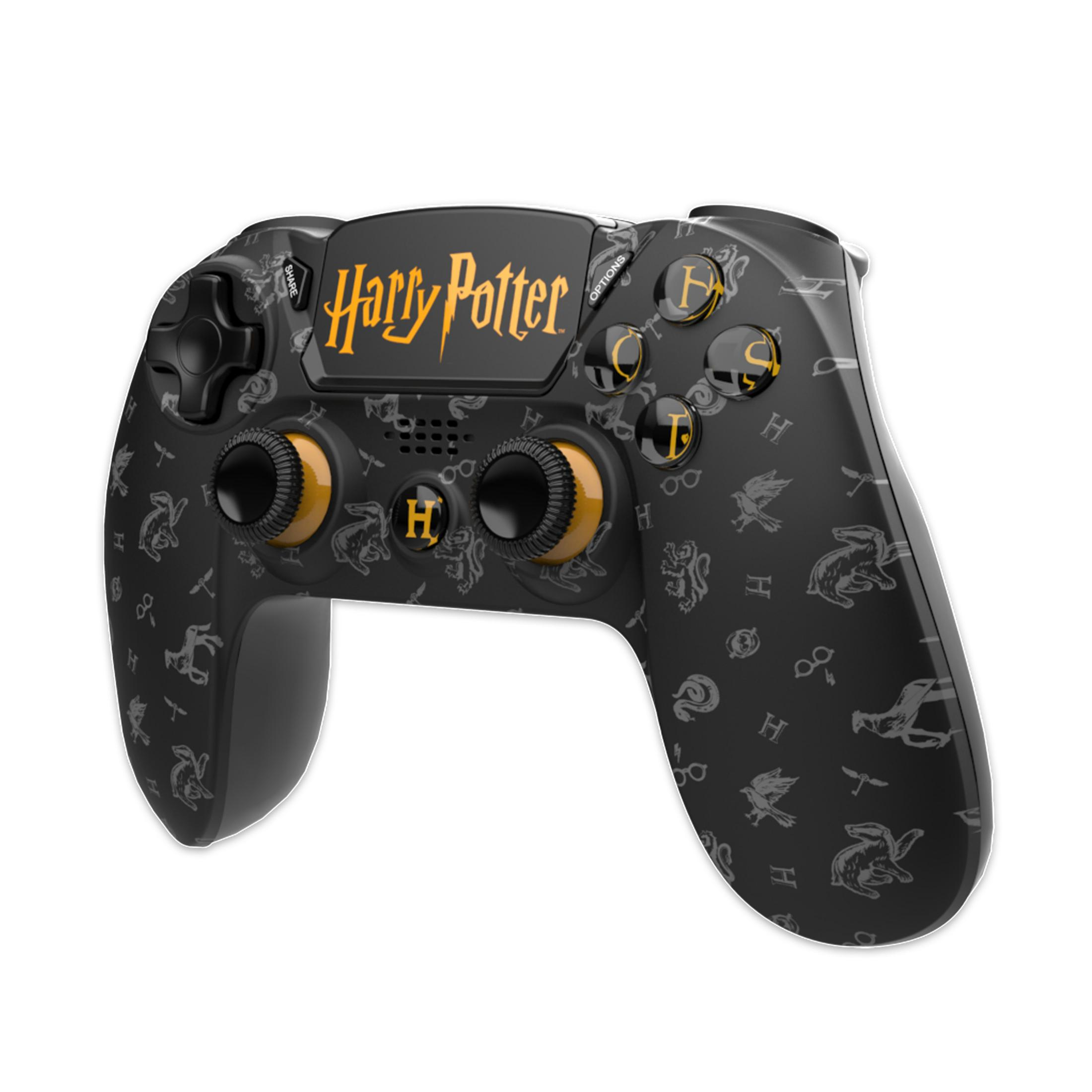 Controller nero di Harry Potter con logo Harry Potter dorato. Pulsanti dorati e motivo nero.