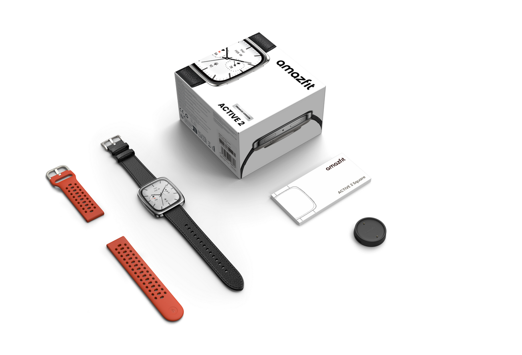 Zegarek Amazfit, pudełko i dodatkowe paski. Zegarek jest kwadratowy z czarnym paskiem, paski są pomarańczowe.