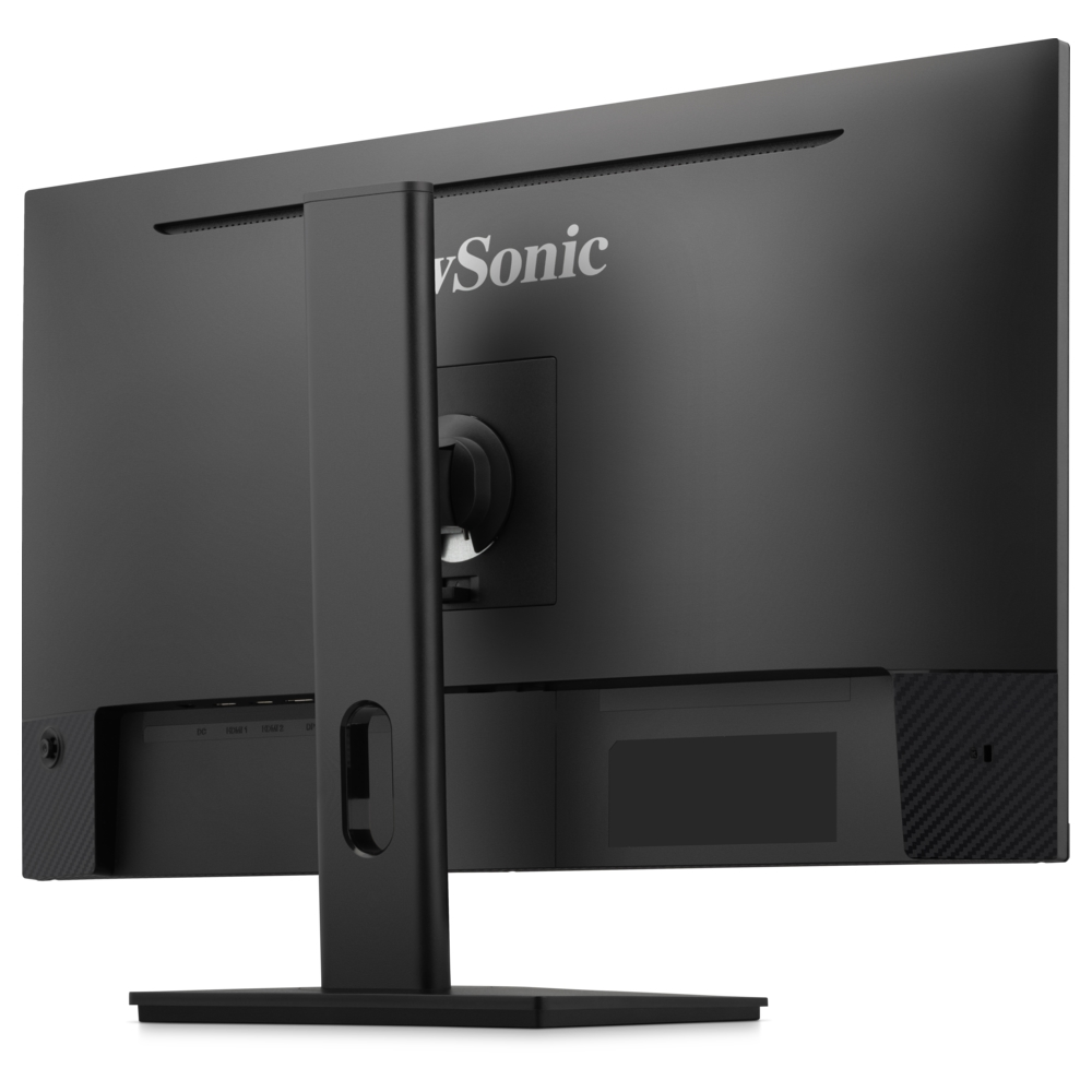 Widok z tyłu czarnego monitora komputerowego ViewSonic ze stojakiem i portami na dole.