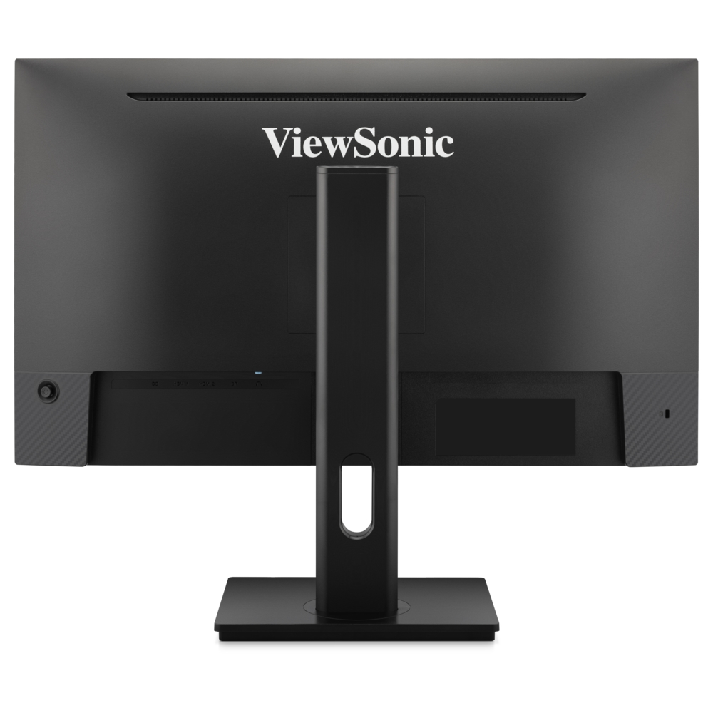 Widok z tyłu czarnego monitora ViewSonic ze stojakiem na białym tle.