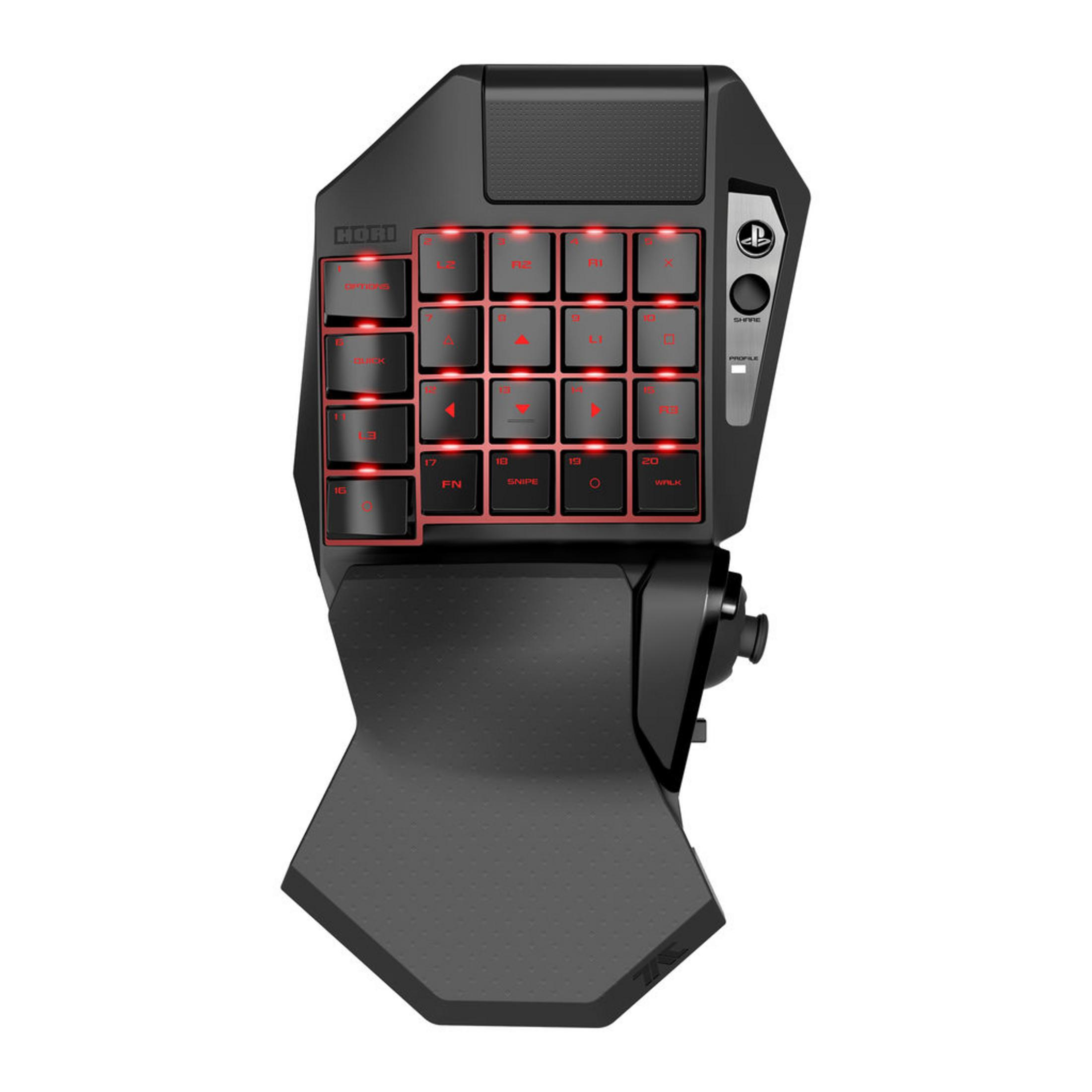 Una tastiera da gioco nera con tasti retroilluminati rossi e un joystick. Sfondo nero.
