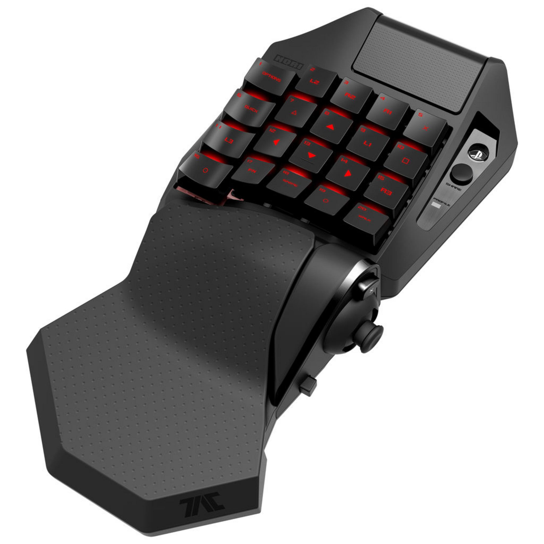 Tastiera da gioco nera con tasti retroilluminati rossi, joystick e poggiapolsi.