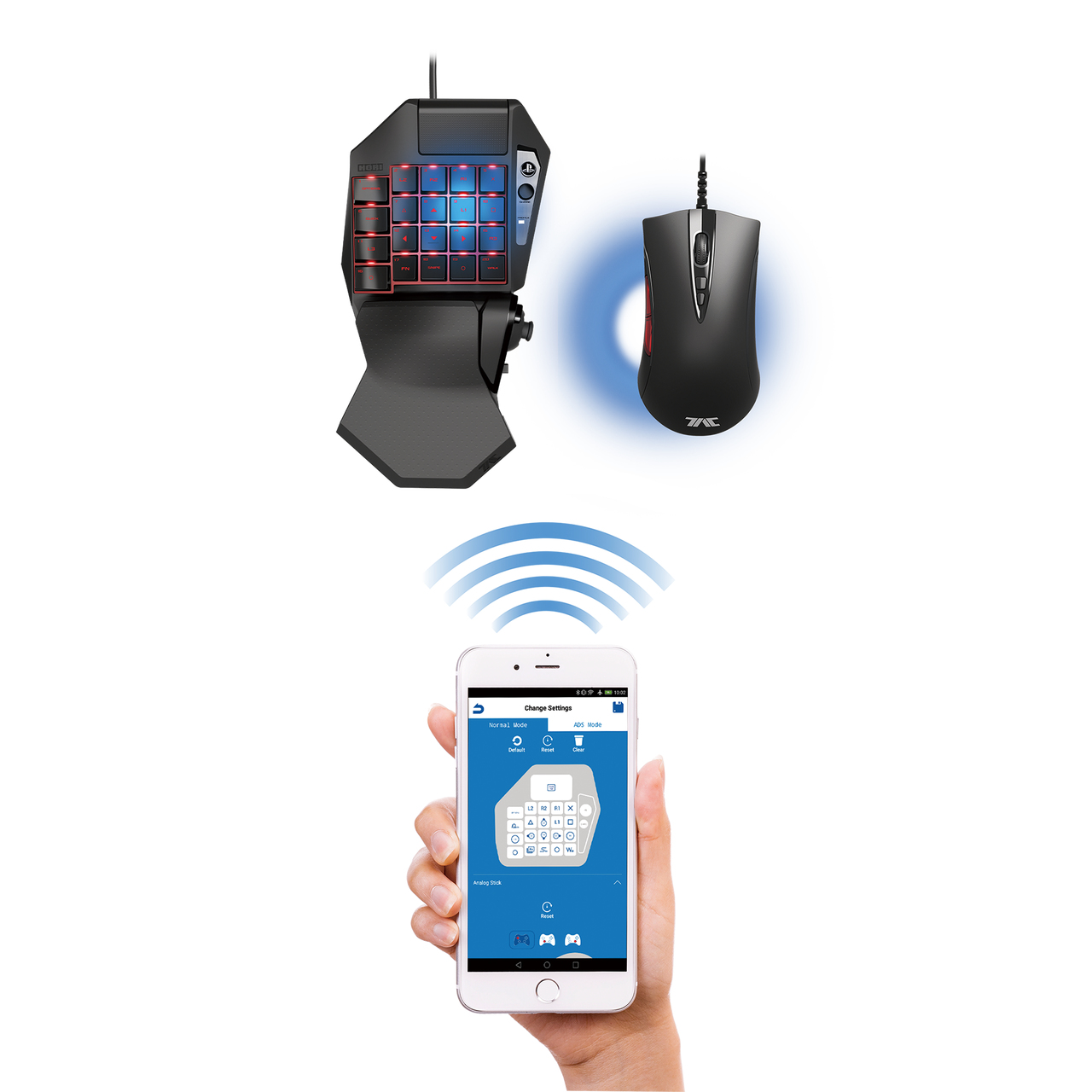 Una mano che tiene uno smartphone con un'app che controlla un'impostazione di tastiera e mouse per giochi.