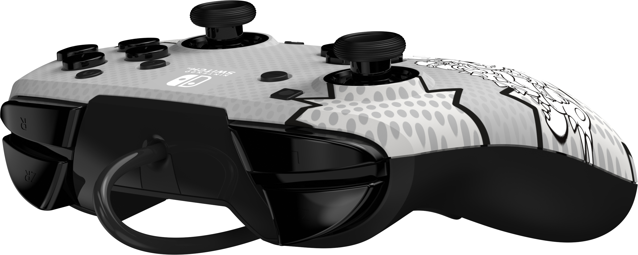 Biało-szary kontroler Nintendo Switch z czarnymi przyciskami i widokiem z boku.