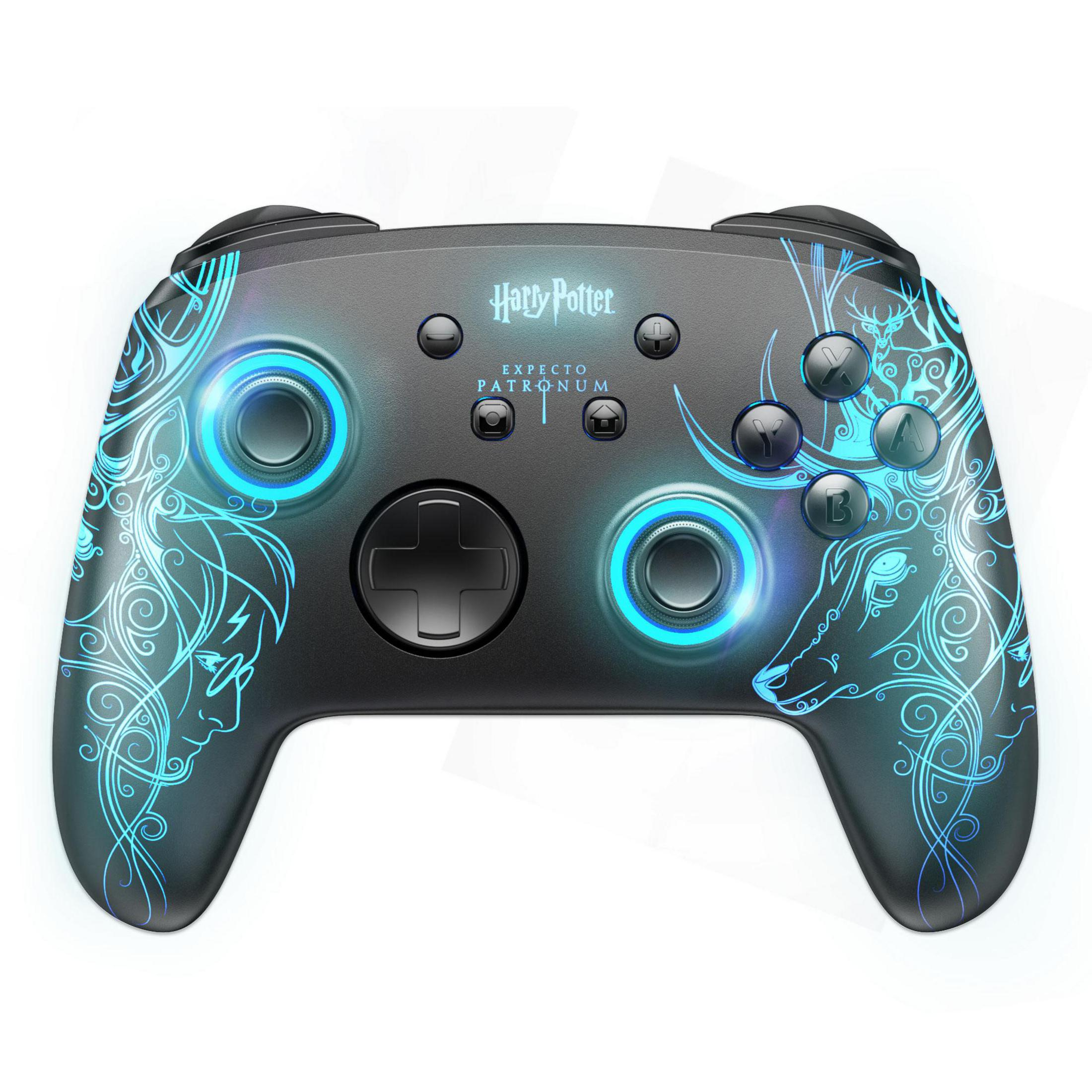 Vista posteriore di un controller PlayStation 4 grigio chiaro con joystick e pulsanti neri. La parte inferiore ha una luce blu e il logo Sony.