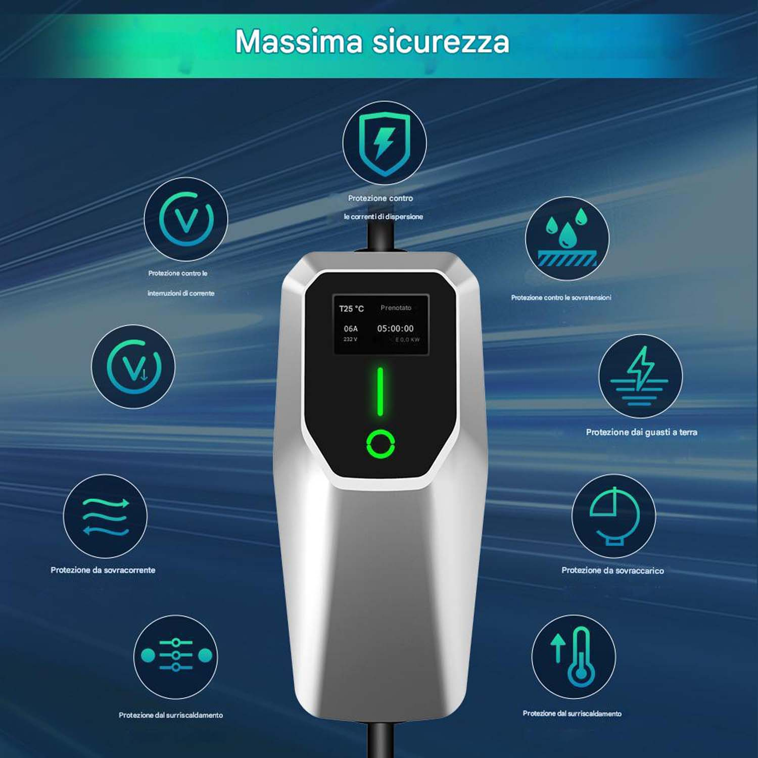 Caricatore per veicoli elettrici argento con display, varie icone di sicurezza.