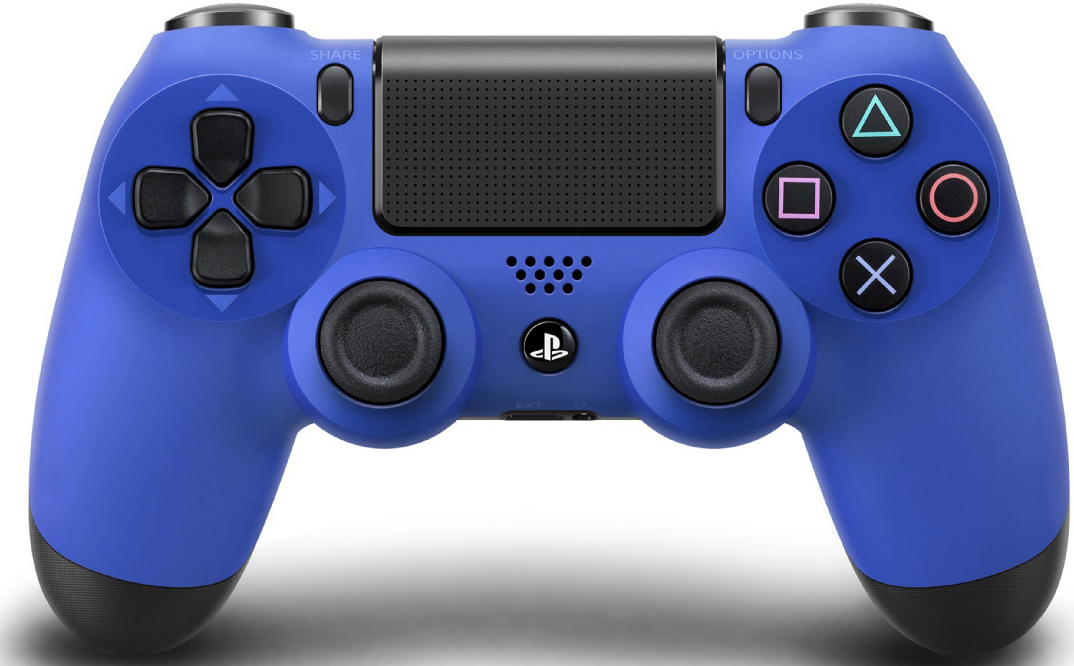 Controller blu PlayStation 4 con pulsanti (triangolo, cerchio, croce, quadrato) e levette analogiche, su sfondo bianco.