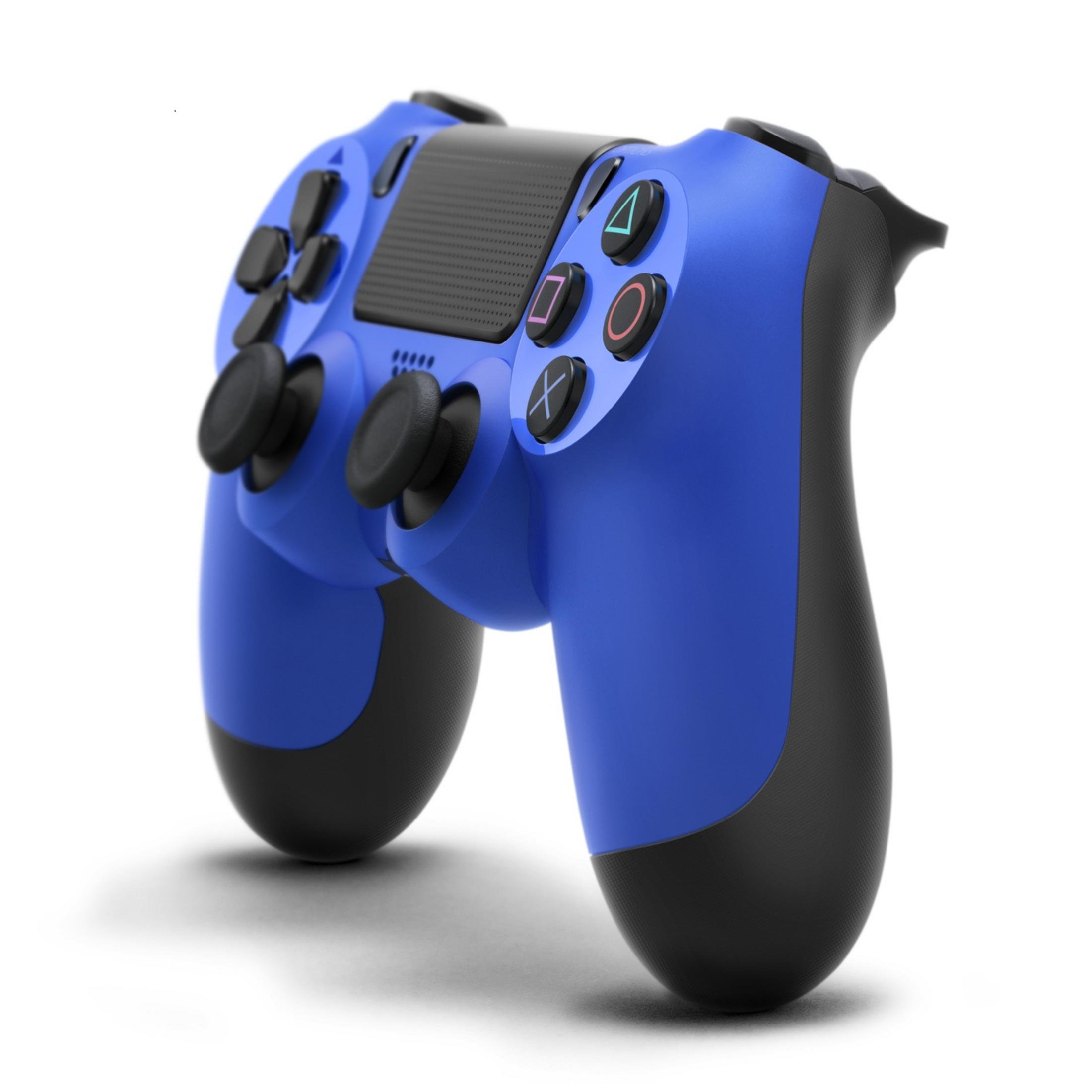 Un controller blu e nero per PlayStation 4, con pulsanti e joystick. Il design è ergonomico.
