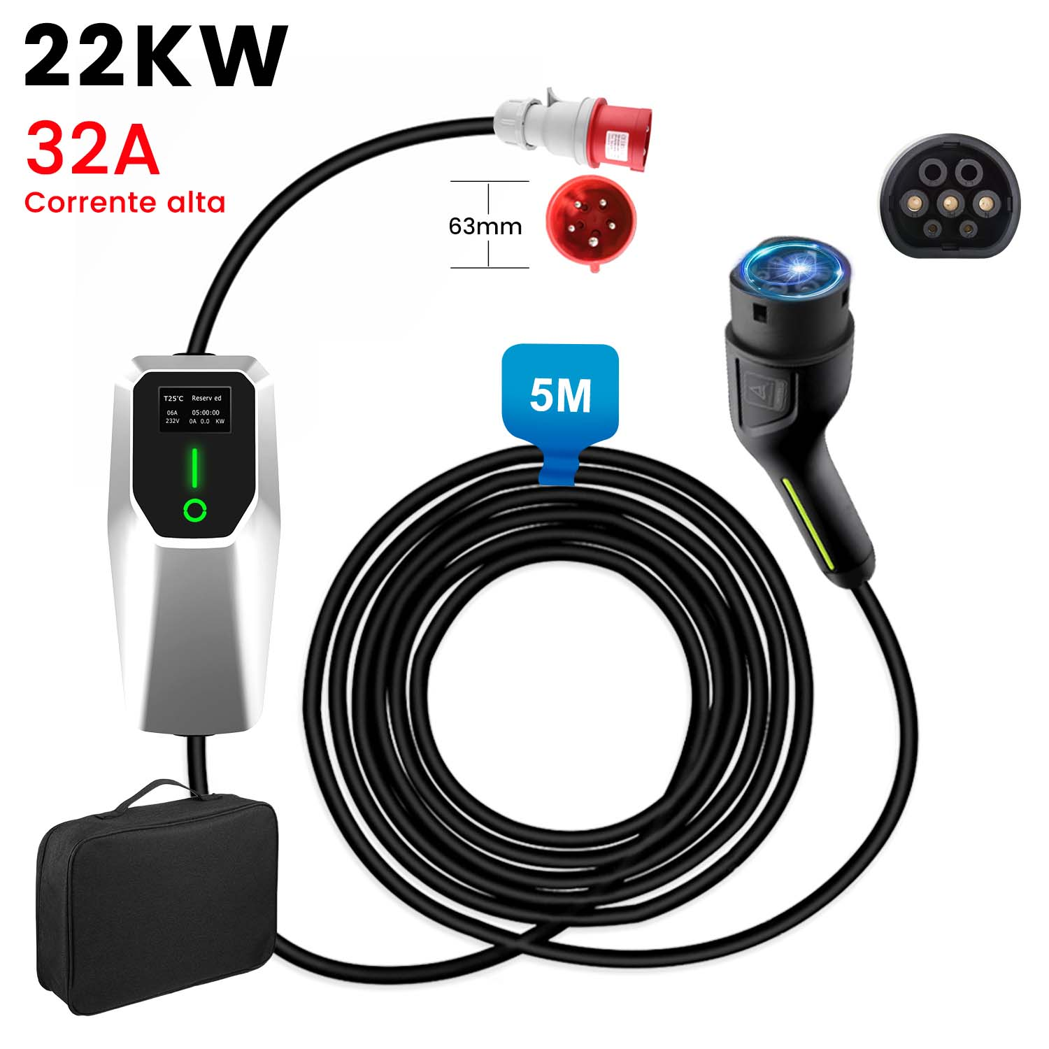 Un caricabatterie per veicoli elettrici con cavo nero e spina rossa. Il caricabatterie mostra 22KW e 32A. Una borsa nera accanto.
