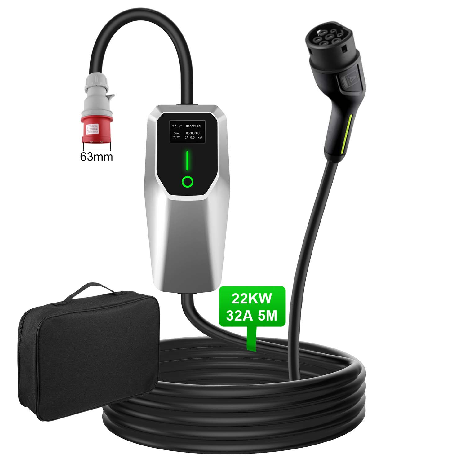Caricabatterie per veicoli elettrici con cavo nero, scatola di controllo argentata, spina rossa e una borsa da trasporto nera.