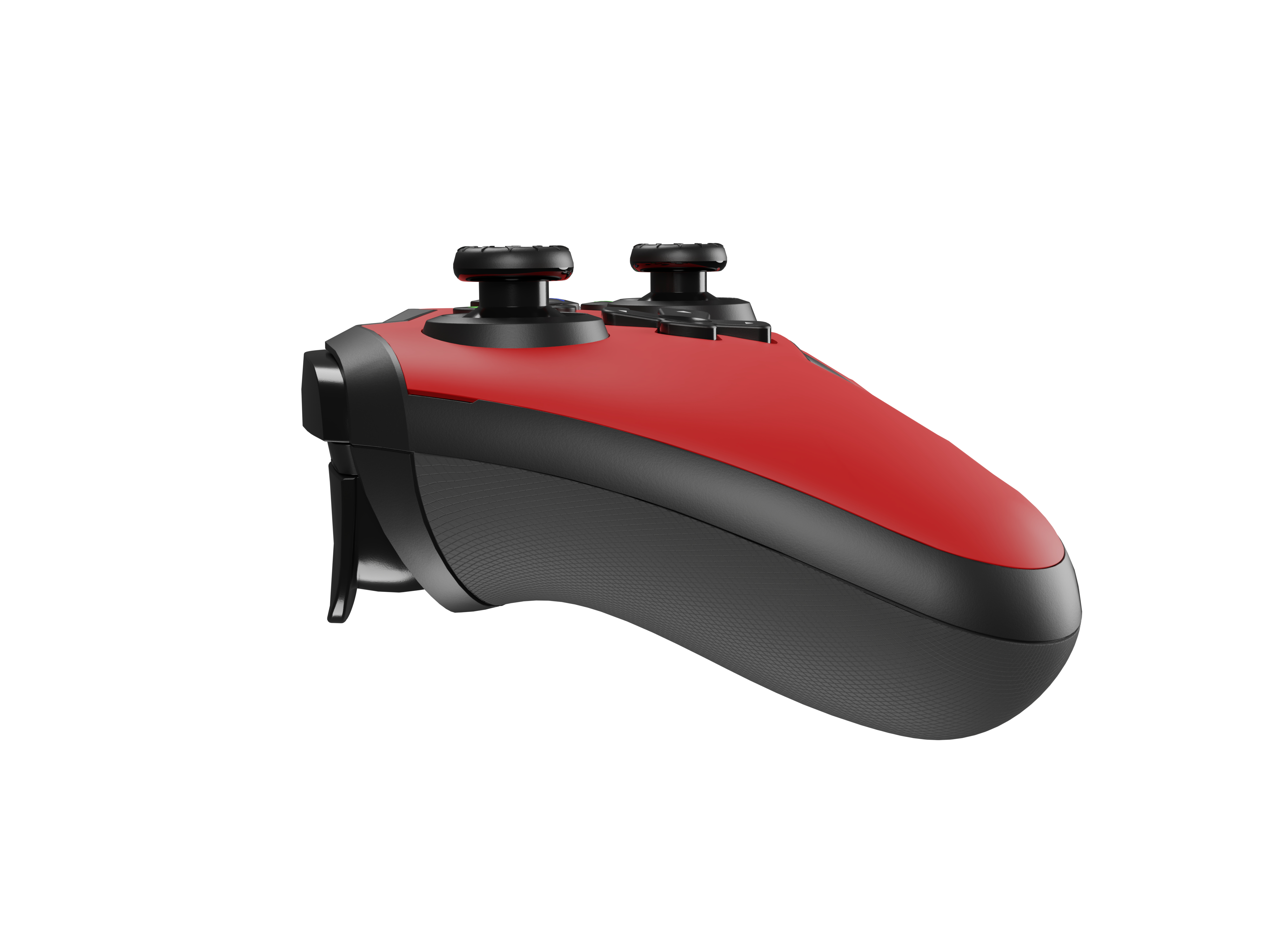 Red and black gaming controller, angled view. Two joysticks and several buttons are visible.
