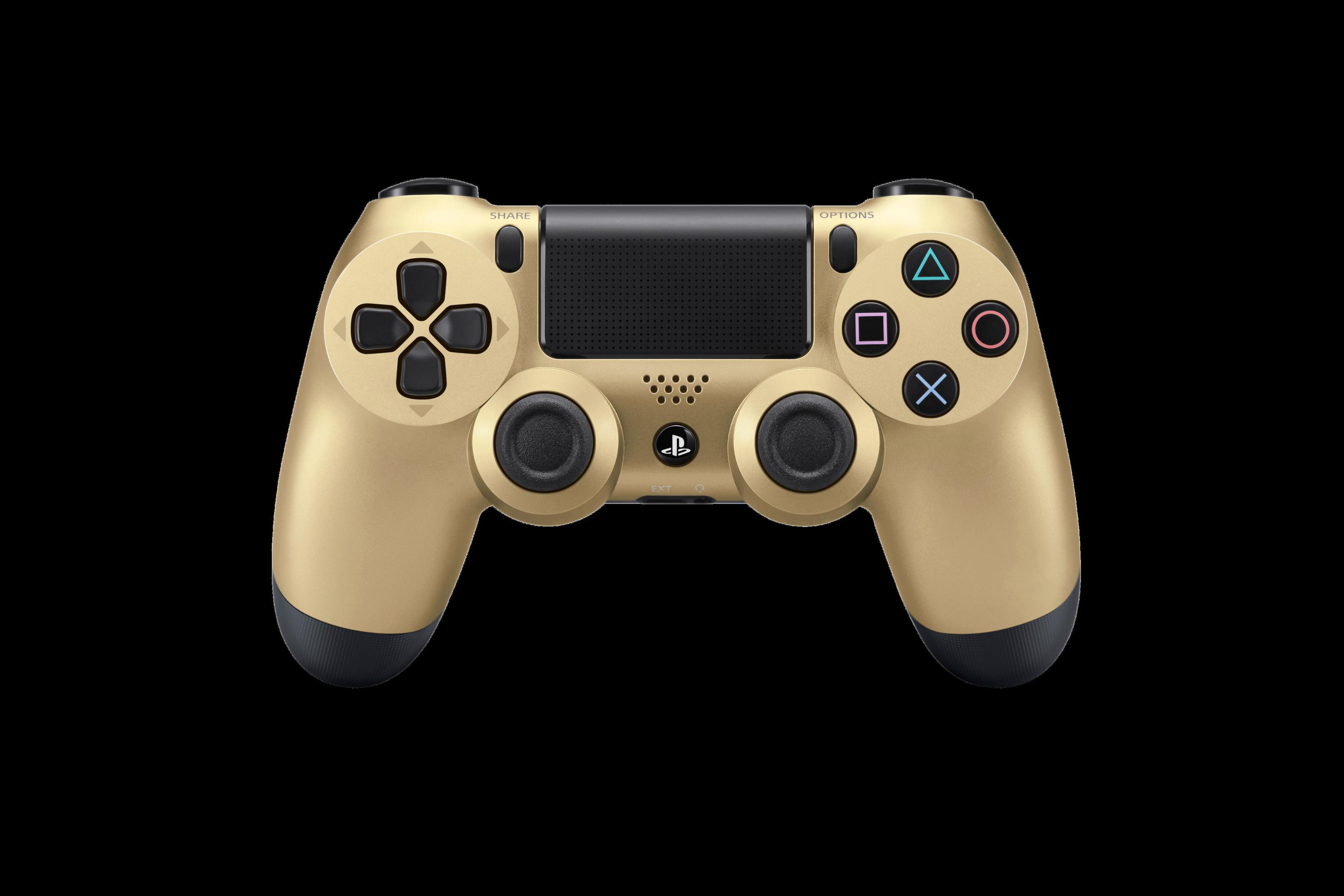 Controller Playstation 4 dorato con accenti neri, su uno sfondo nero.
