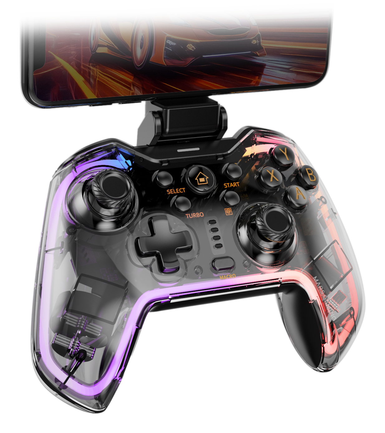 Przezroczysty kontroler do gier z kolorowym oświetleniem i telefonem przymocowanym na górze.