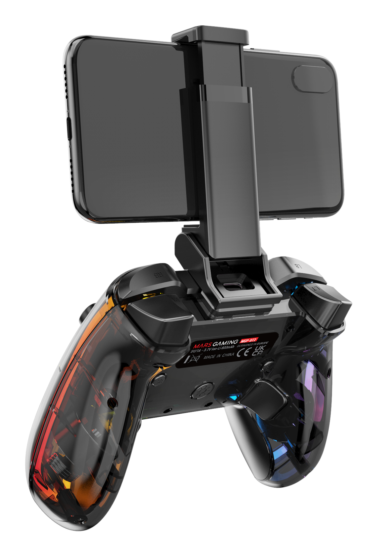 Przezroczysty kontroler do gier z podświetlanymi krawędziami trzymający telefon, widok z tyłu.