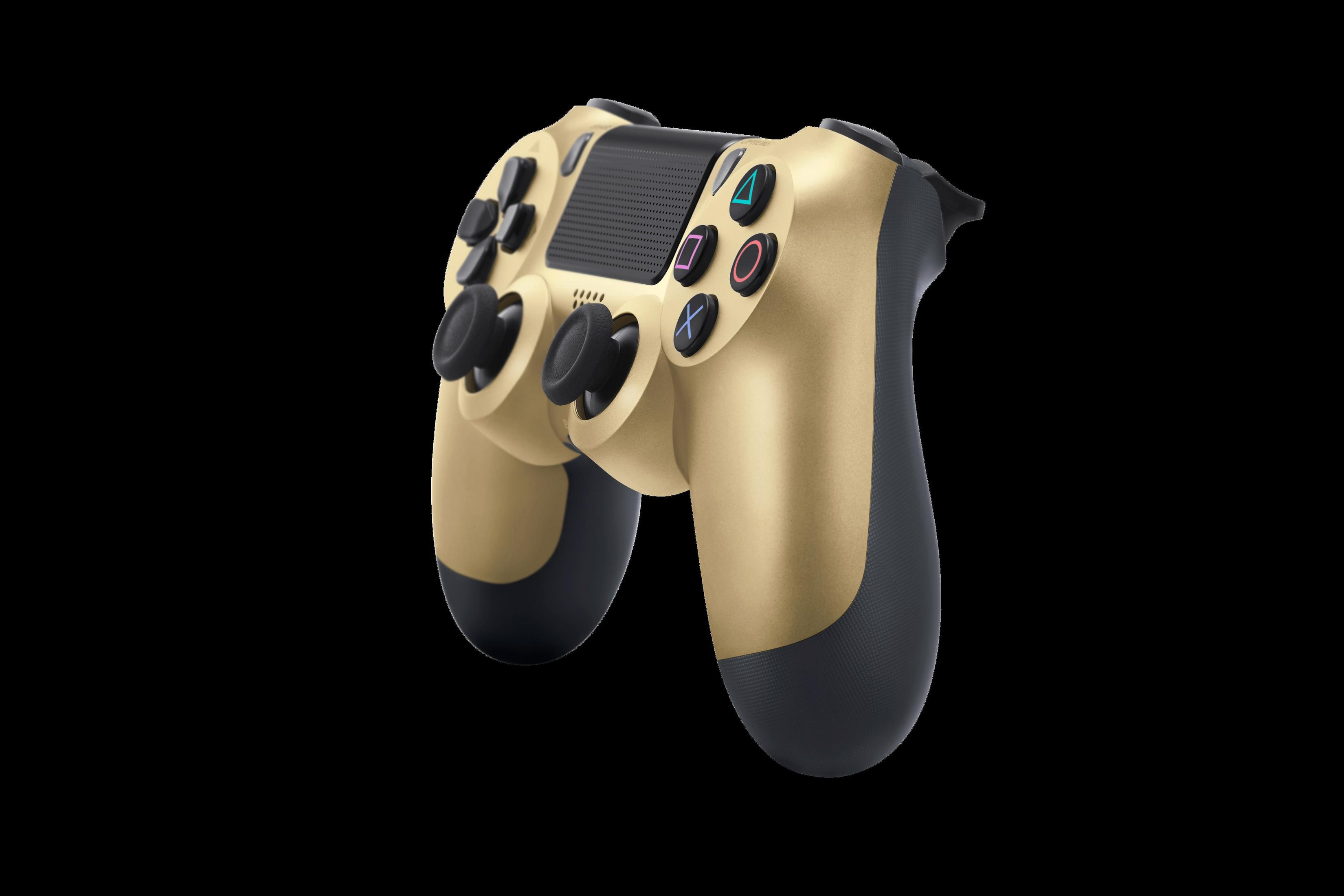 Un controller Playstation 4 oro e nero su sfondo nero.