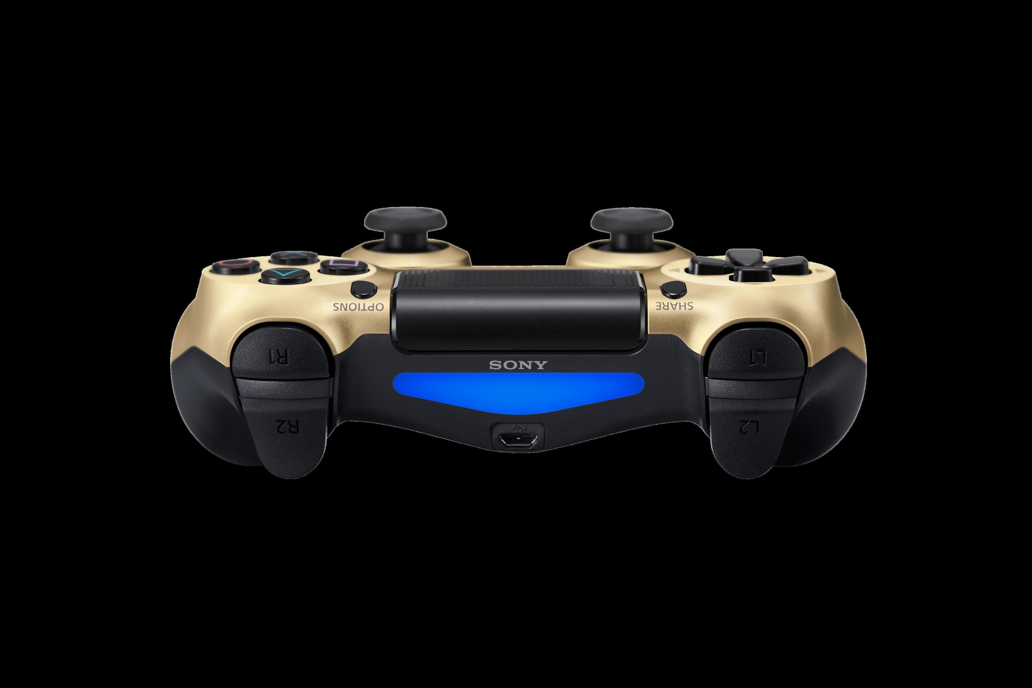 Controller Playstation 4 dorato, vista frontale, che mostra pulsanti e joystick su uno sfondo nero.