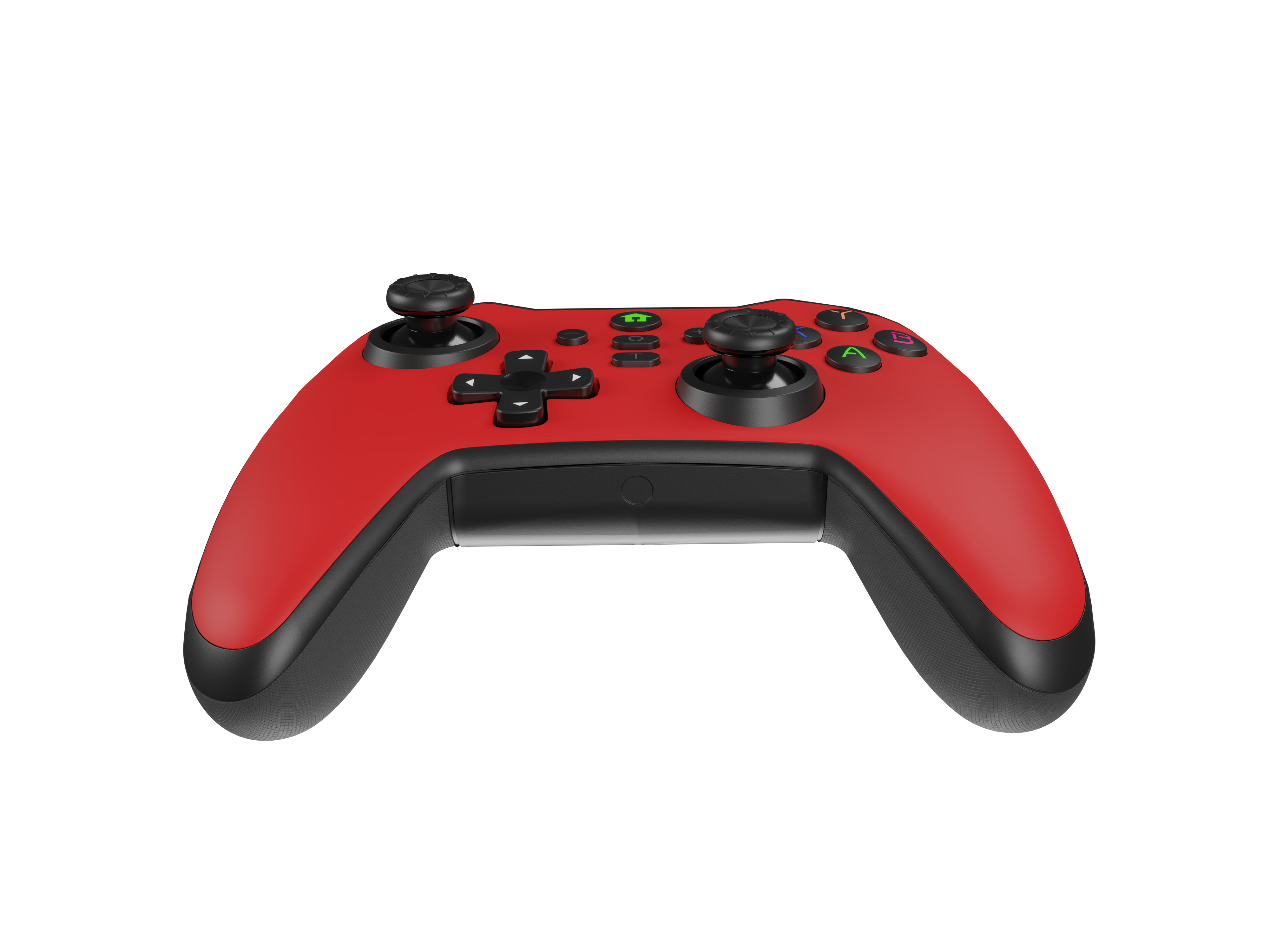A red and black gamepad with standard buttons and two joysticks, viewed from above.