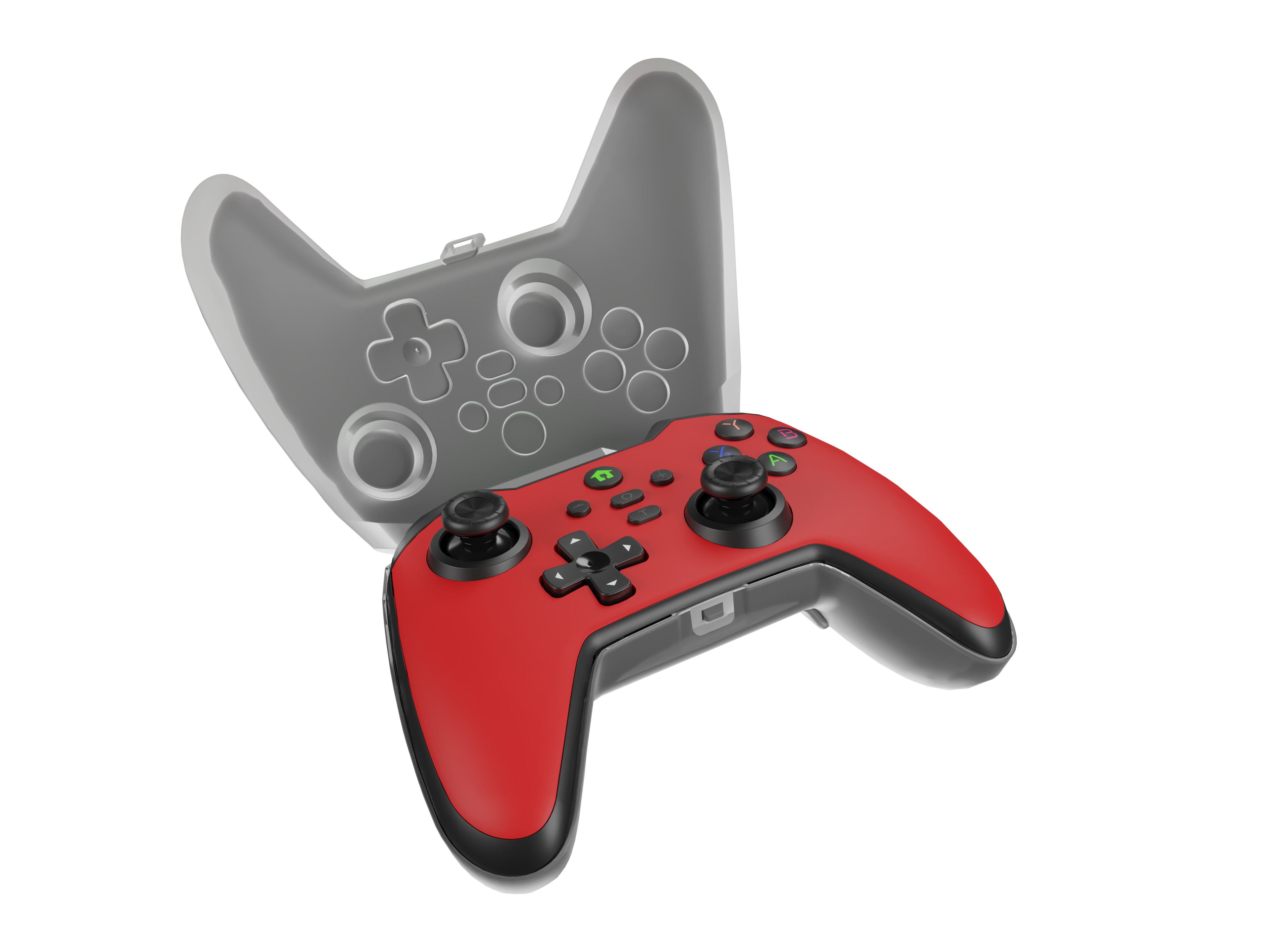 A red gamepad with buttons and joysticks, an outline of a similar gamepad appears in the background.