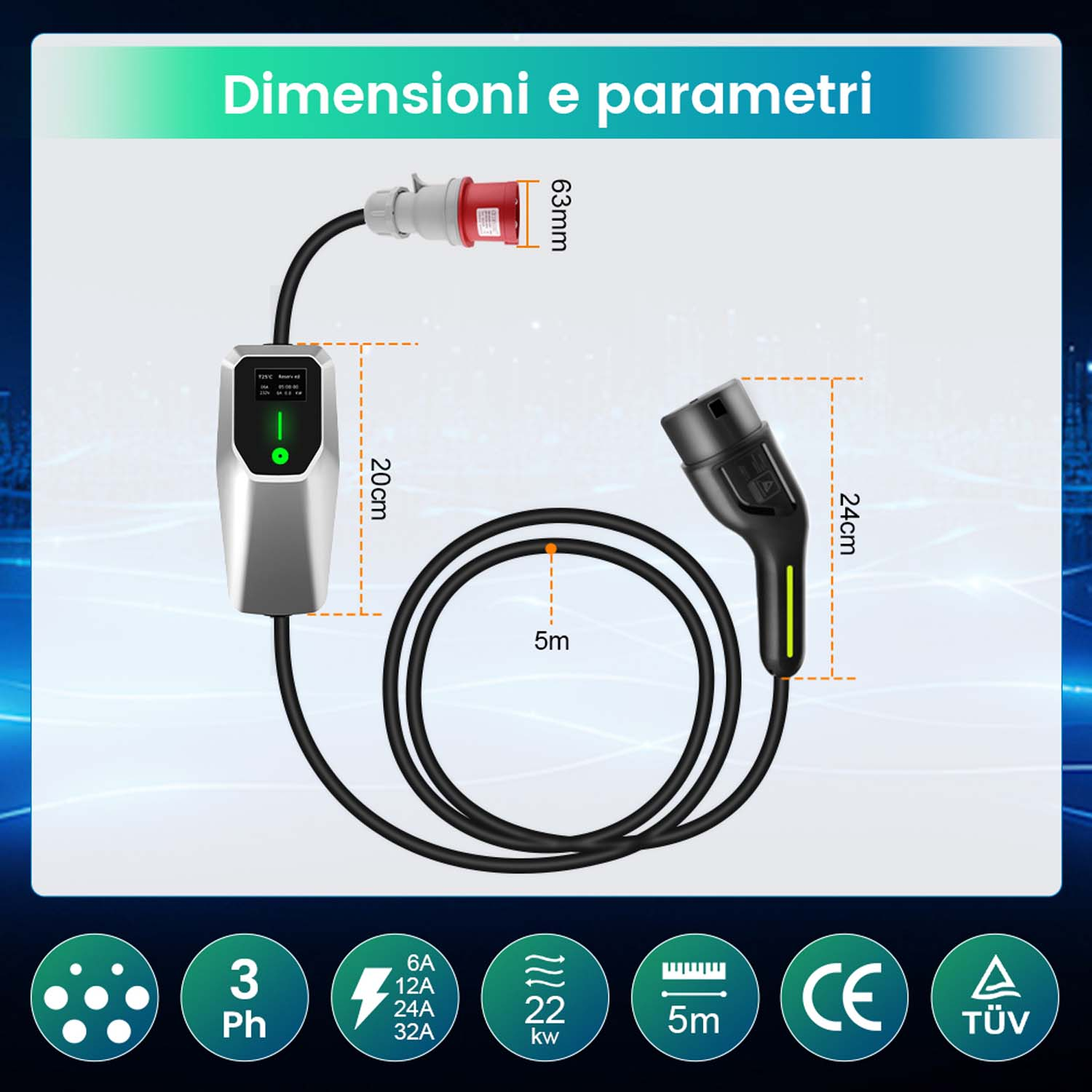 Schema di una stazione di ricarica con dimensioni e specifiche tecniche. Include cavo e connettore.
