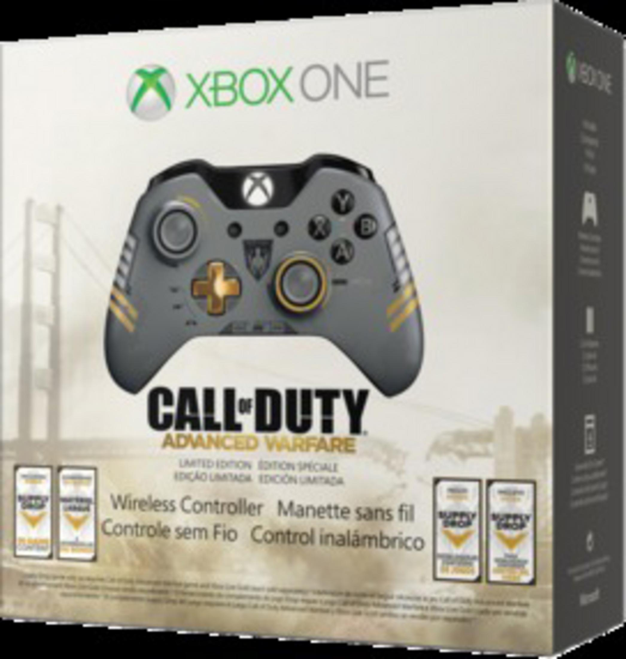 Una scatola con un controller Xbox grigio e oro, con il logo di Call of Duty e un'illustrazione di un ponte.