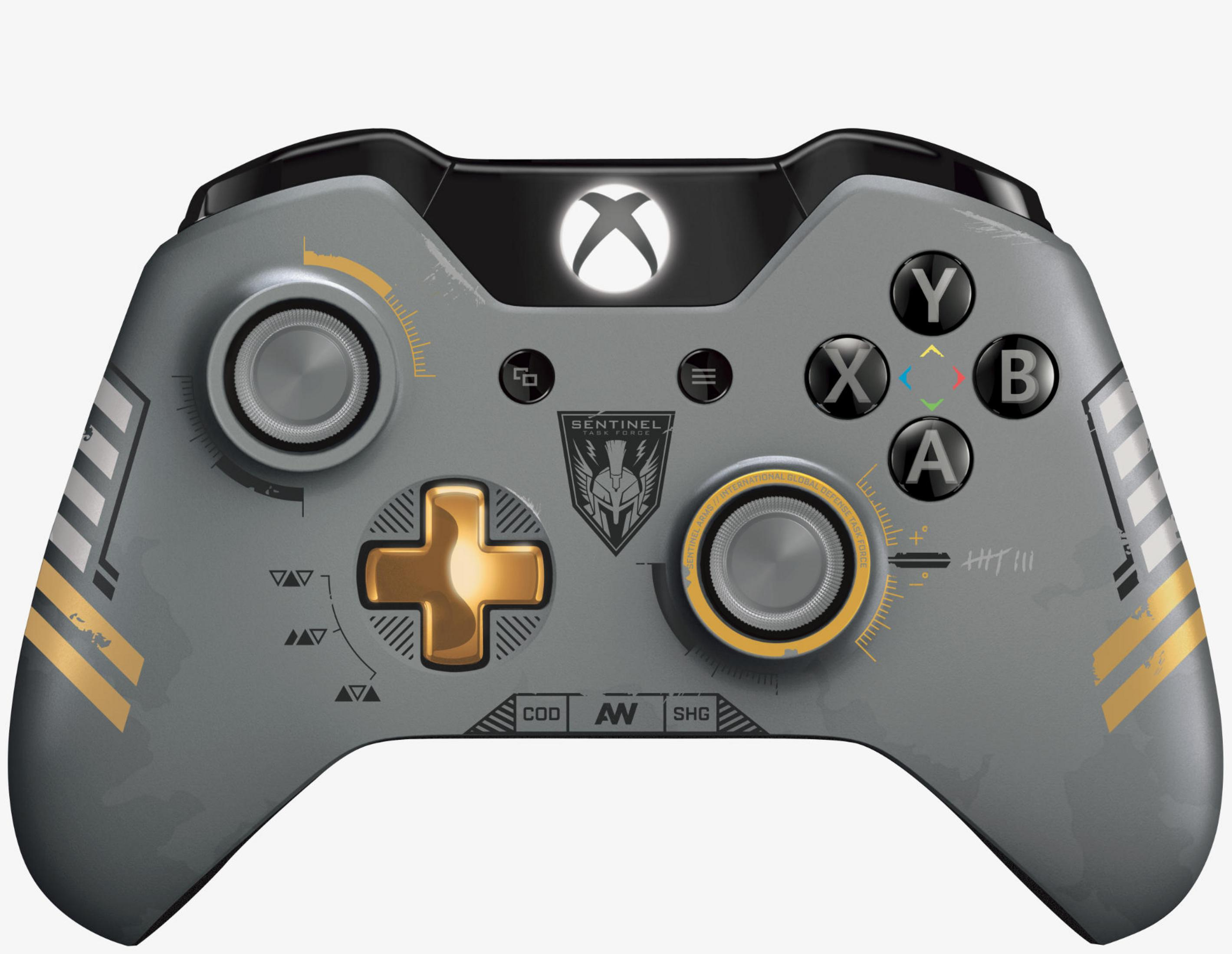 Controller Xbox con design grigio e oro, con logo Xbox centrale.