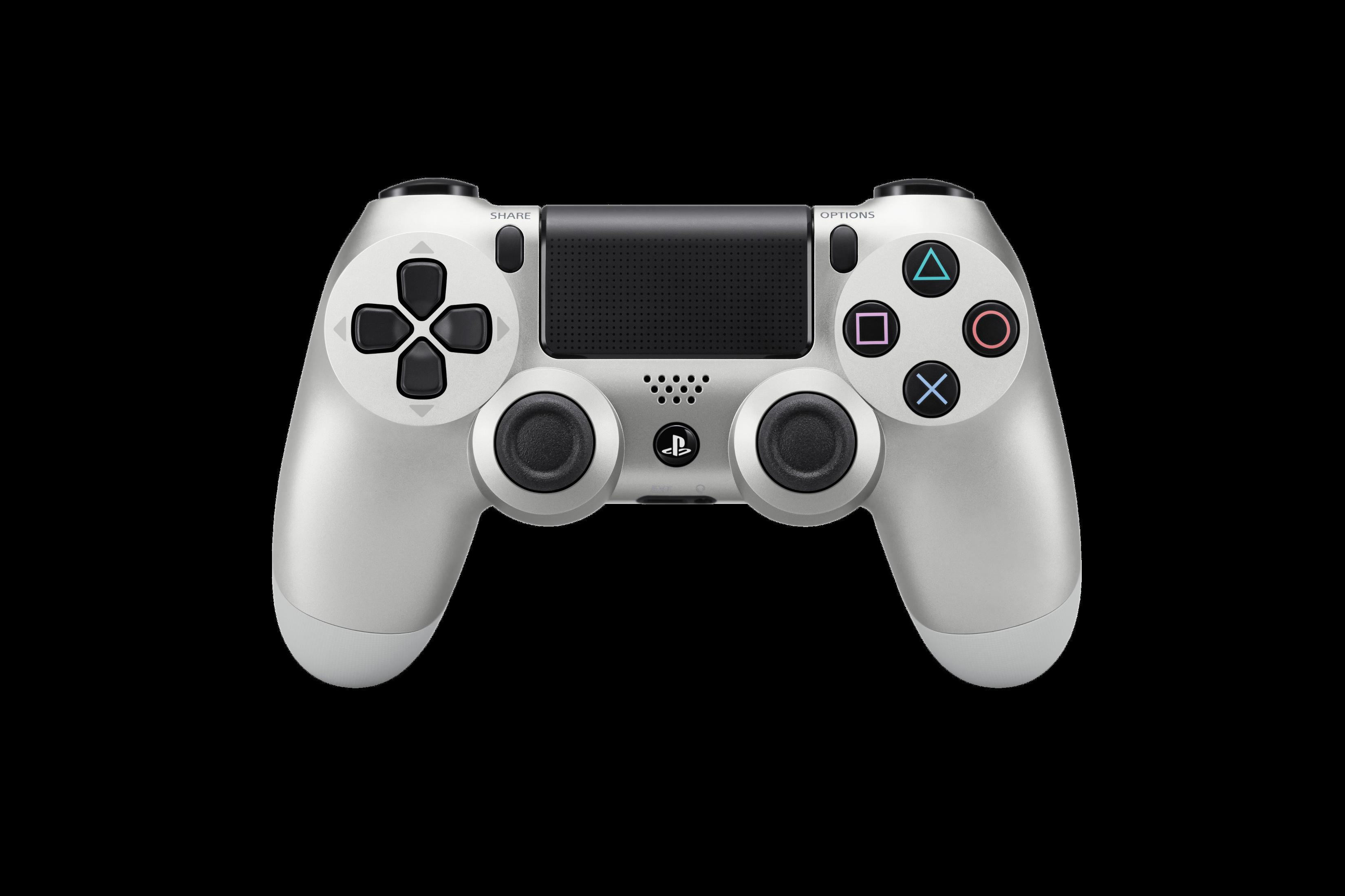 Un controller PlayStation 4 argentato, con pulsanti e joystick, su sfondo nero.