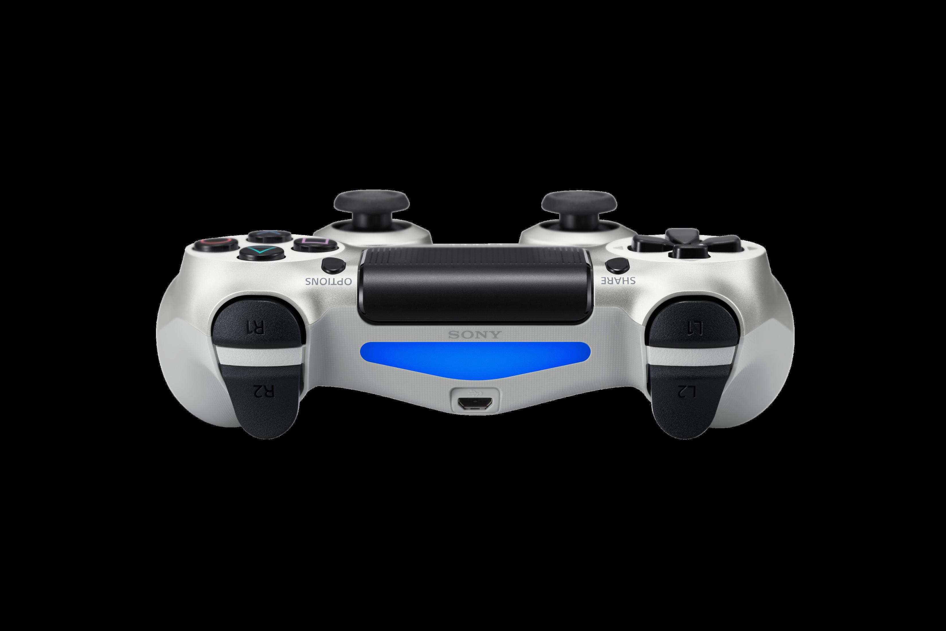 Un controller PS4 argento su sfondo nero.