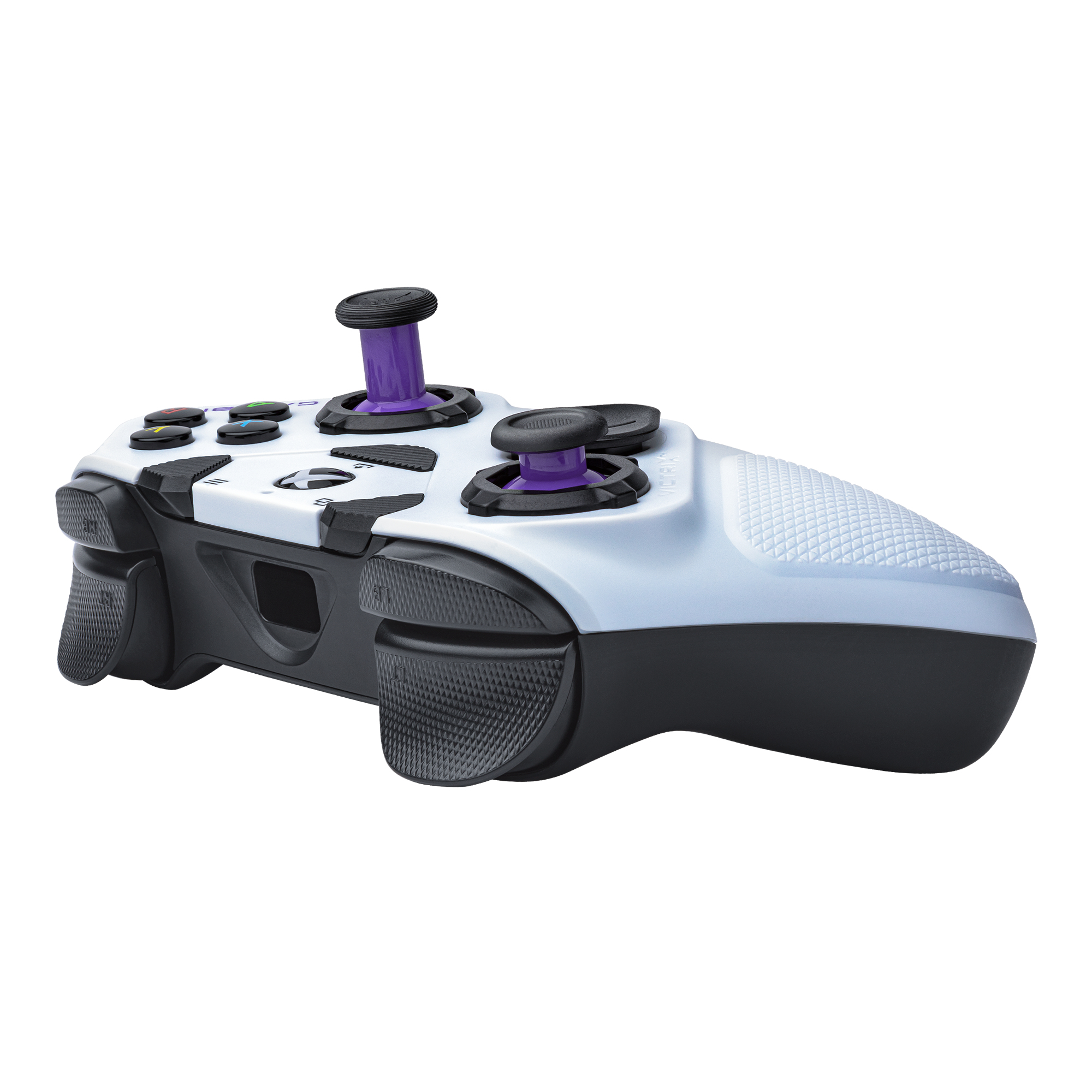 Un controller bianco e nero con joystick viola.
