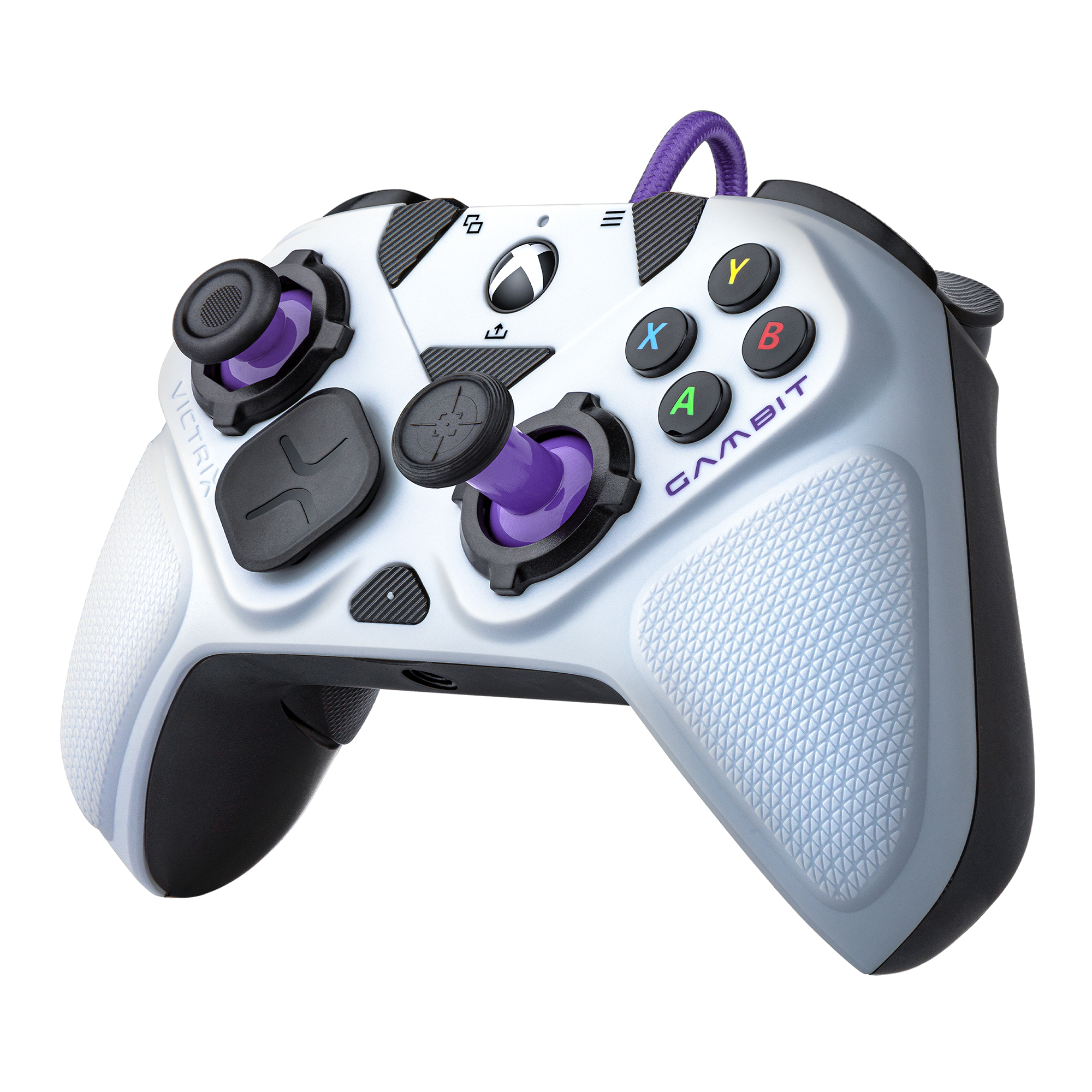 Controller bianco con dettagli viola, etichetta Gambit, pulsanti e joystick su sfondo bianco.