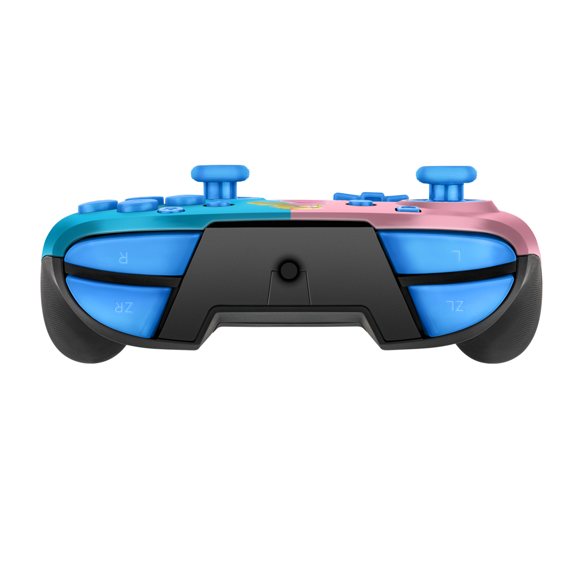 Niebiesko-różowy kontroler z przyciskami i joystickami, na białym tle.