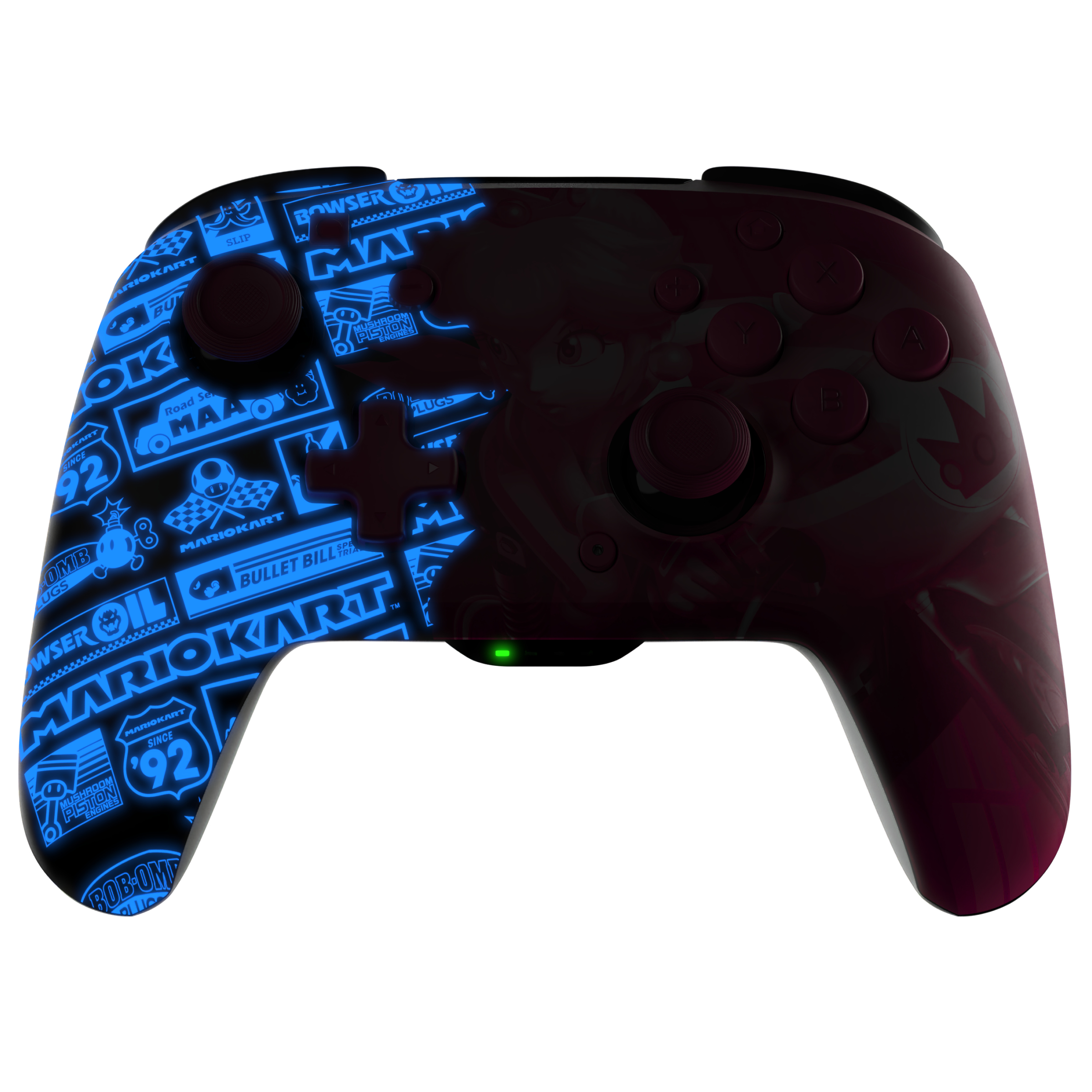 Czarny i fioletowy kontroler z grafiką Mario Kart na białym tle z neonowymi niebieskimi akcentami.