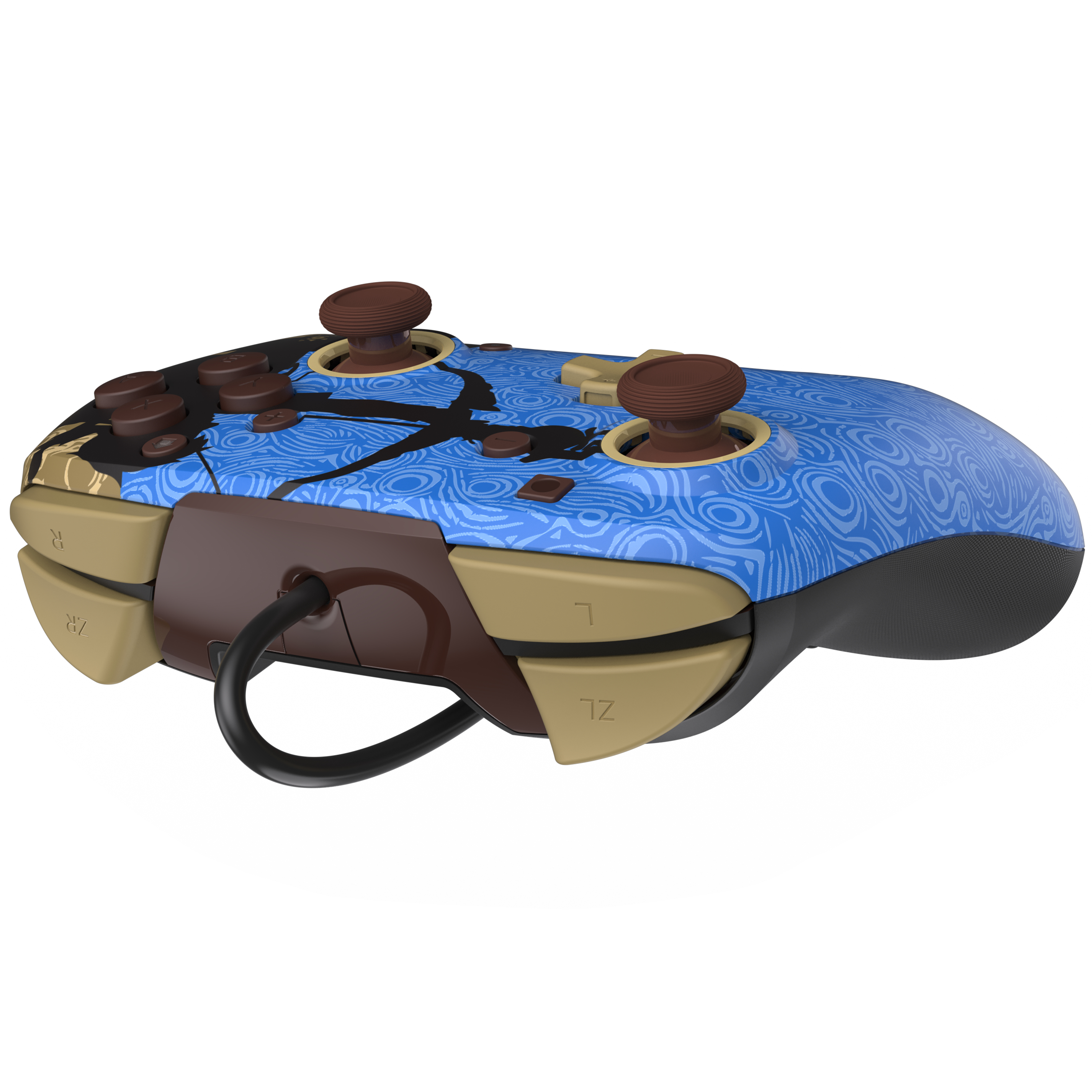 Niebieski kontroler z brązowo-złotym wzorem. Kontroler leży na powierzchni.