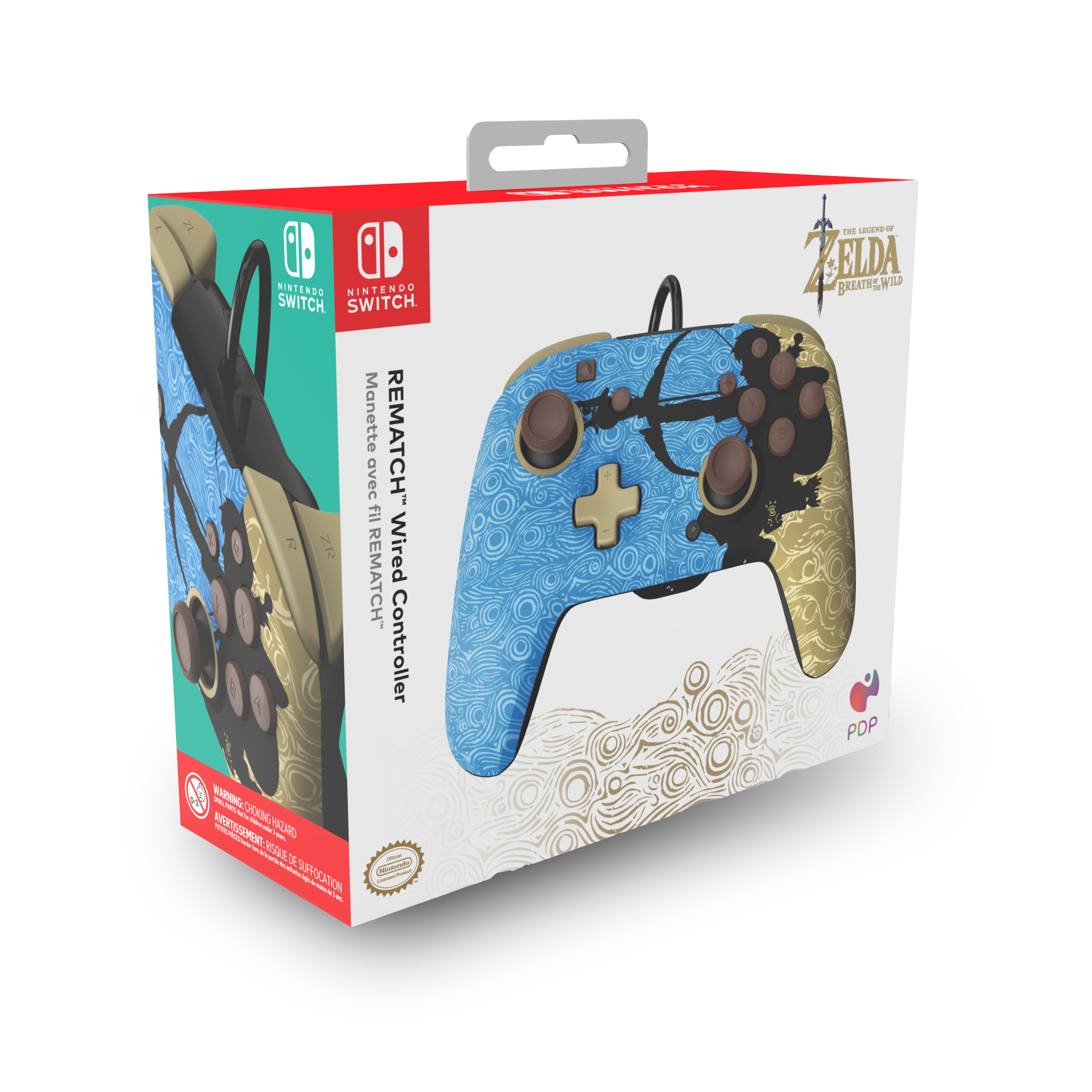 Pudełko kontrolera Nintendo Switch. Kontroler jest niebiesko-złoty, z motywem 'Zelda'. Białe tło.